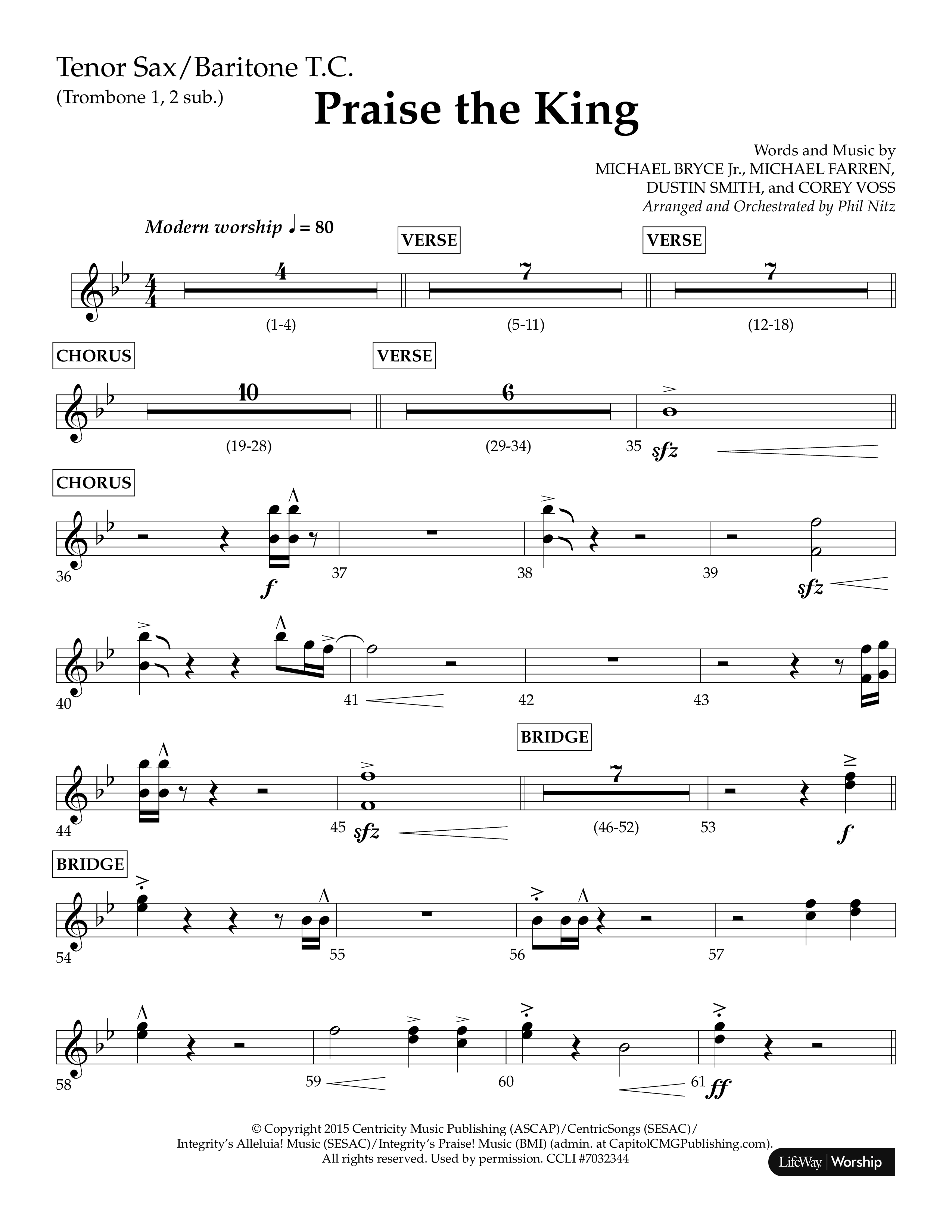 Praise The King (Choral Anthem SATB) Tenor Sax/Baritone T.C. (Lifeway Choral / Arr. Phil Nitz)