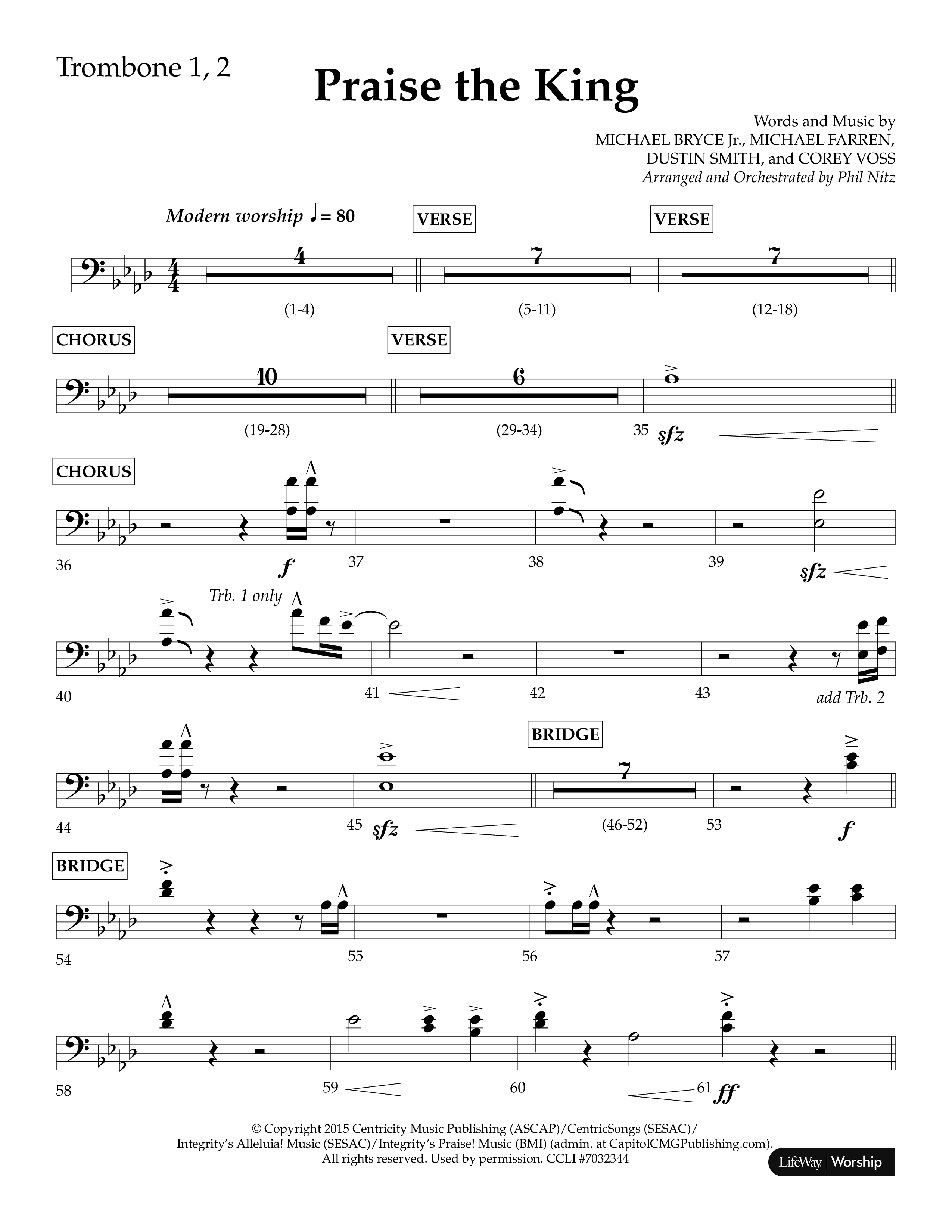 Praise The King (Choral Anthem SATB) Trombone 1/2 (Lifeway Choral / Arr. Phil Nitz)
