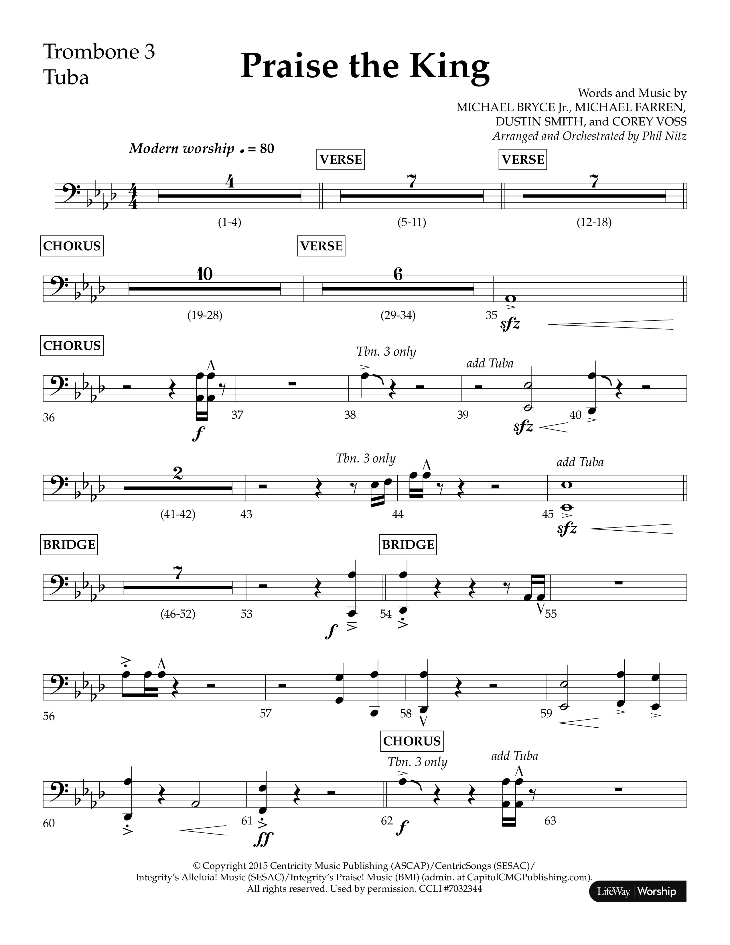 Praise The King (Choral Anthem SATB) Trombone 3/Tuba (Lifeway Choral / Arr. Phil Nitz)