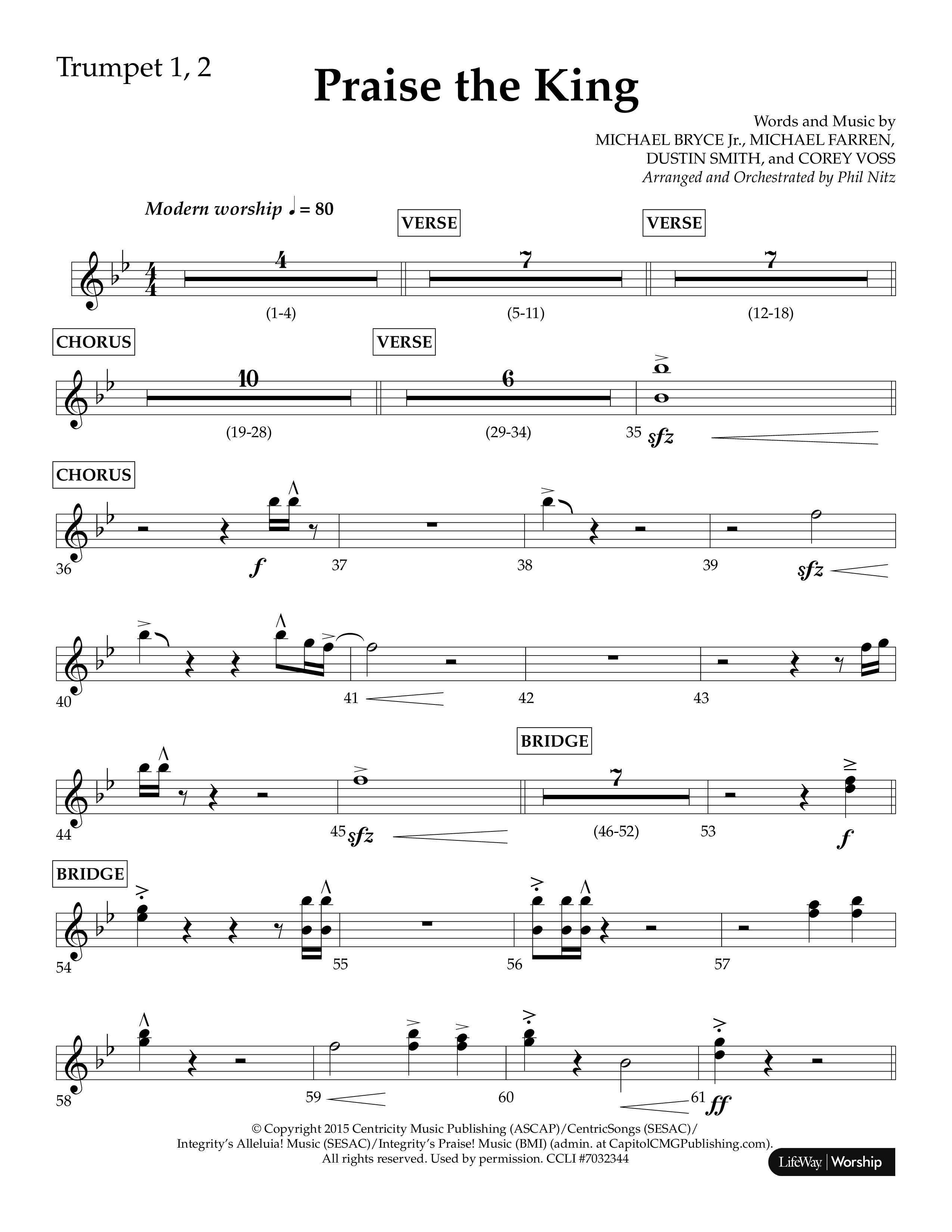Praise The King (Choral Anthem SATB) Trumpet 1,2 (Lifeway Choral / Arr. Phil Nitz)