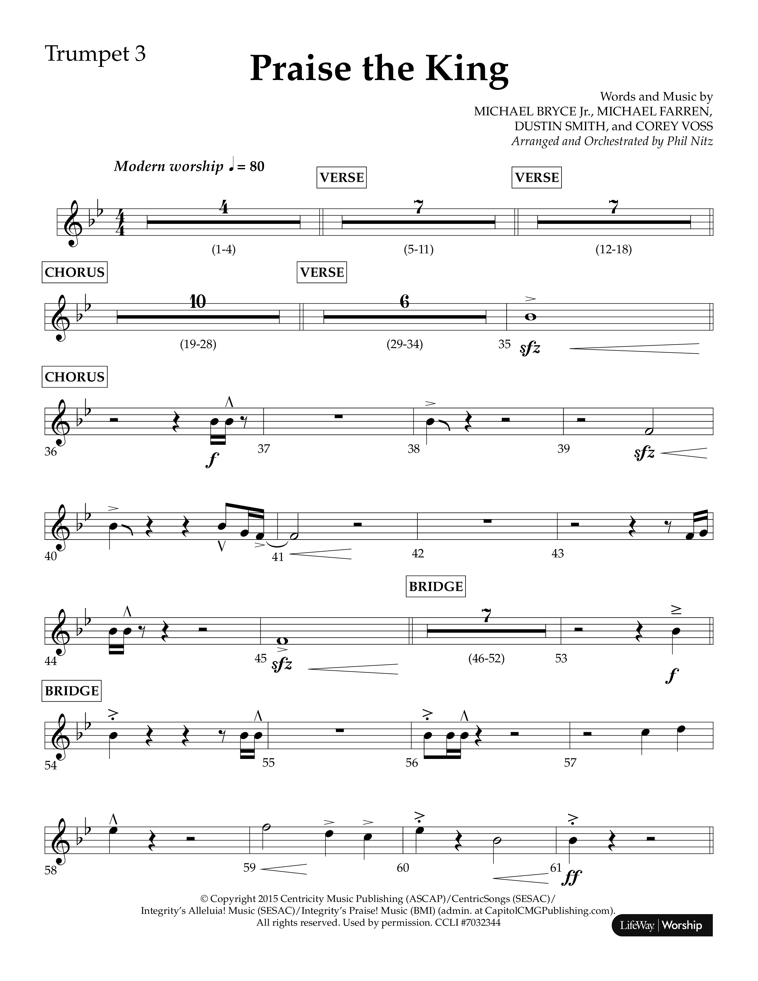 Praise The King (Choral Anthem SATB) Trumpet 3 (Lifeway Choral / Arr. Phil Nitz)
