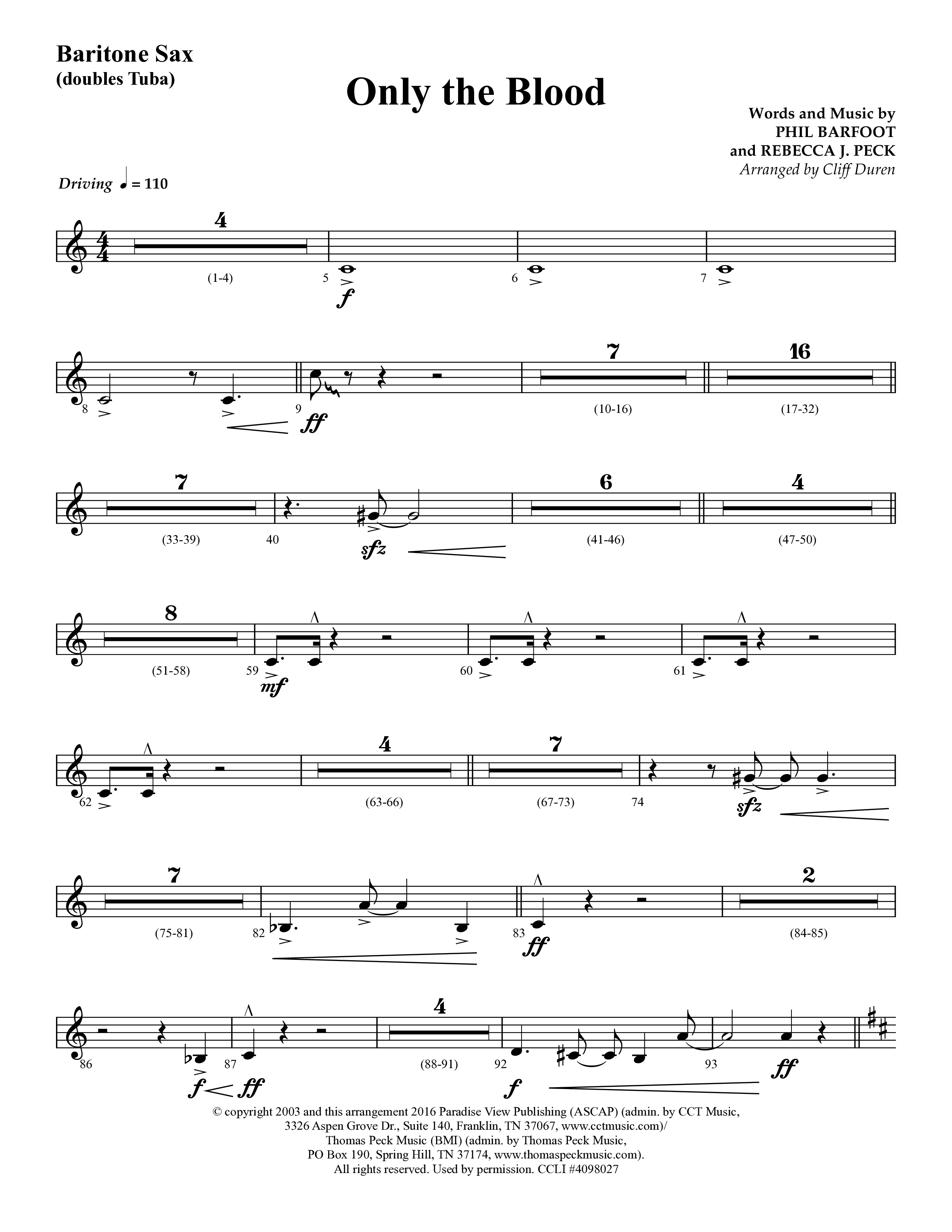Only The Blood (Choral Anthem SATB) Bari Sax (Lifeway Choral / Arr. Cliff Duren)