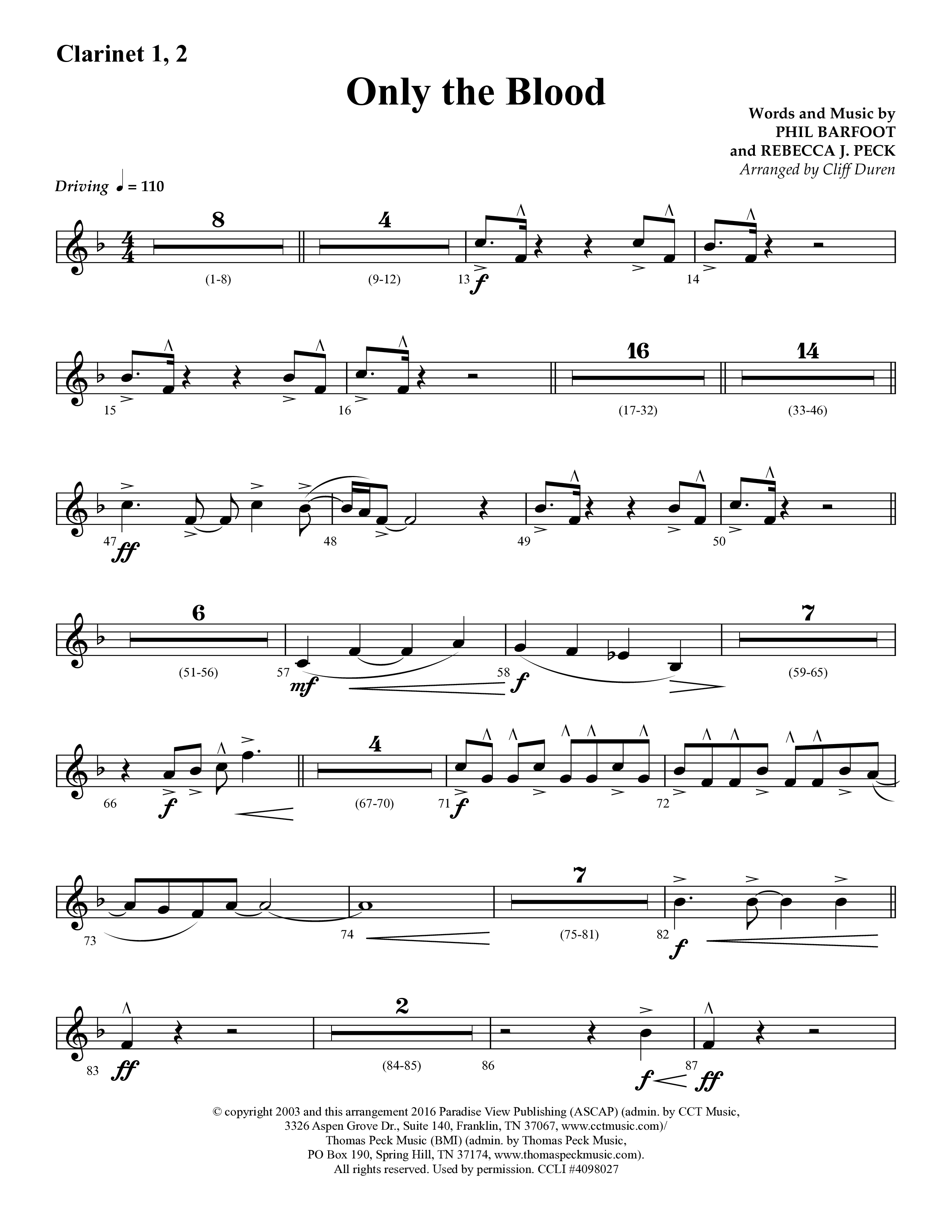 Only The Blood (Choral Anthem SATB) Clarinet 1/2 (Lifeway Choral / Arr. Cliff Duren)