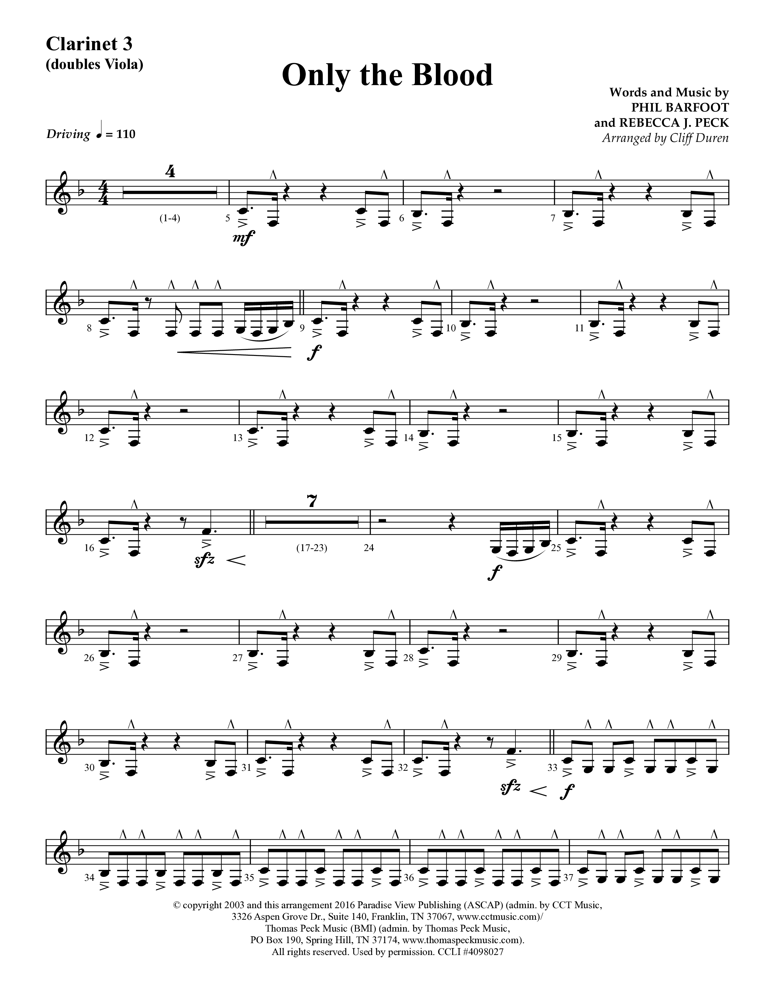 Only The Blood (Choral Anthem SATB) Clarinet 3 (Lifeway Choral / Arr. Cliff Duren)