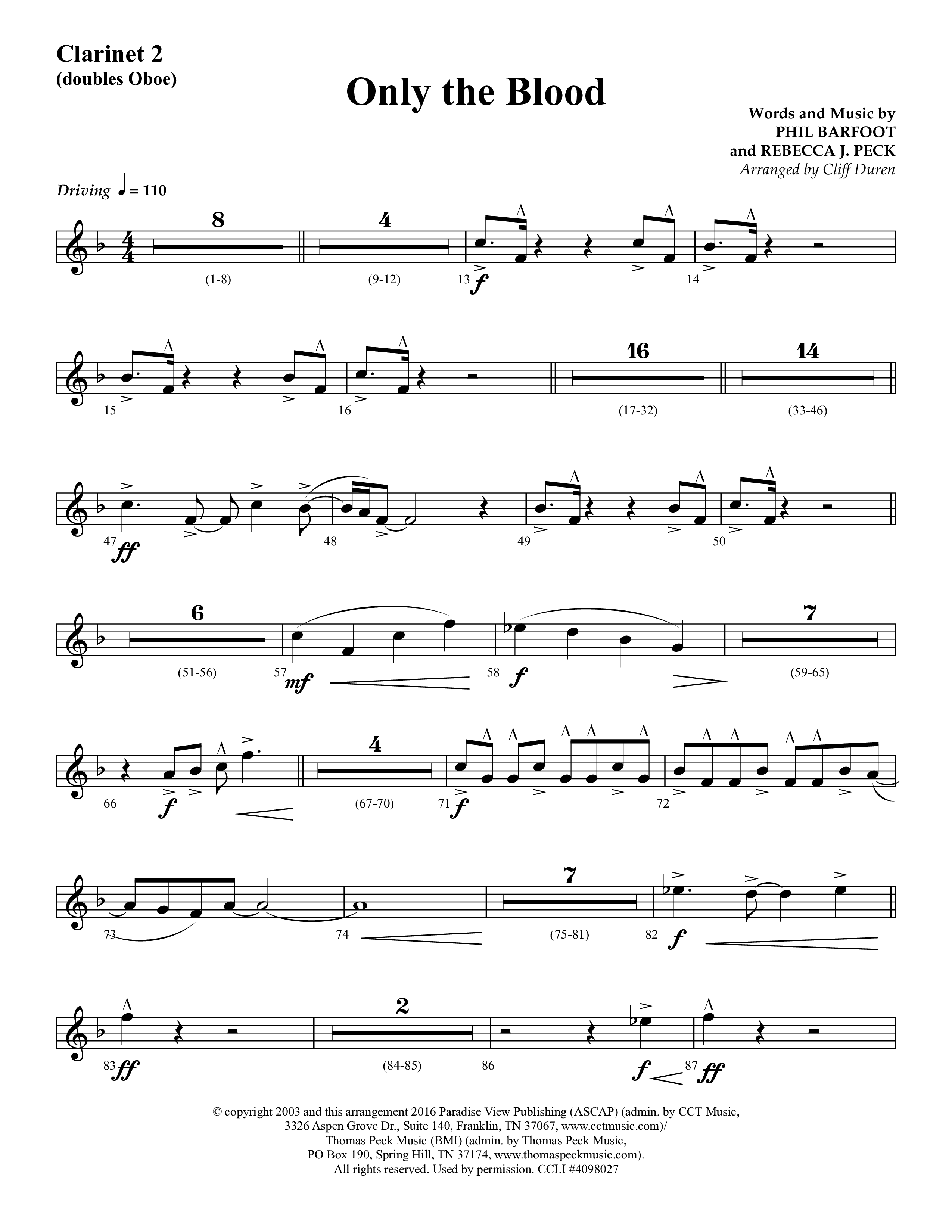 Only The Blood (Choral Anthem SATB) Clarinet (Lifeway Choral / Arr. Cliff Duren)