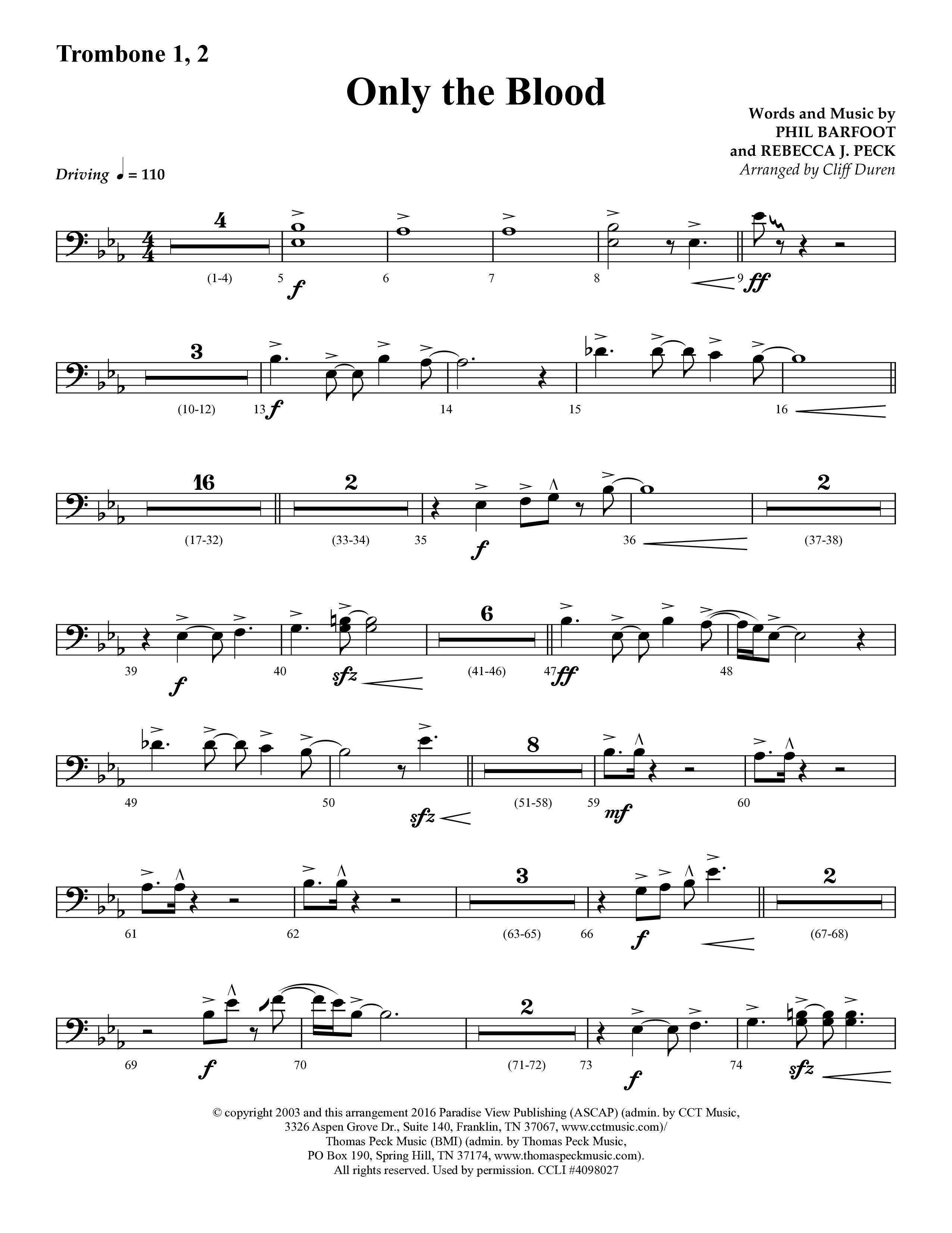 Only The Blood (Choral Anthem SATB) Trombone 1/2 (Lifeway Choral / Arr. Cliff Duren)