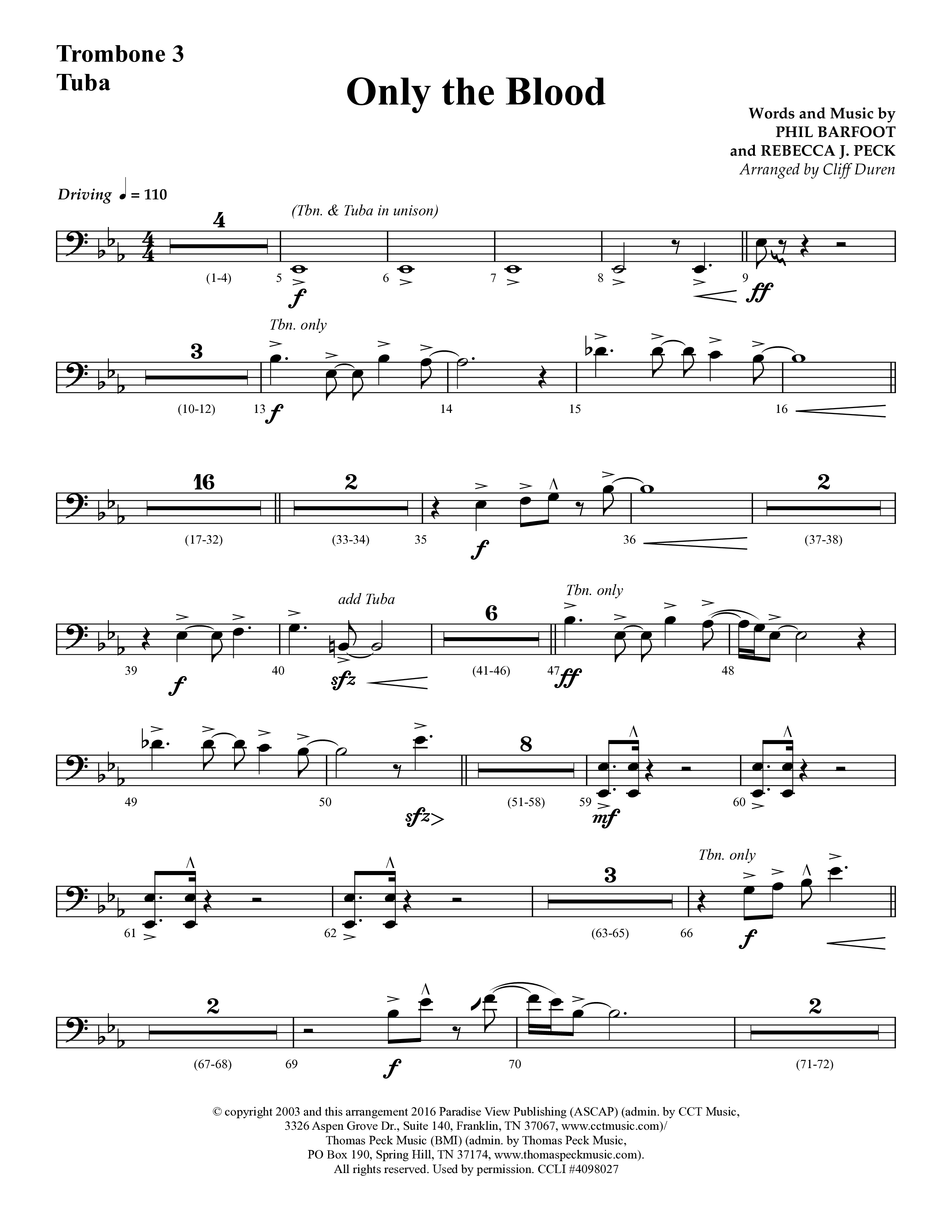 Only The Blood (Choral Anthem SATB) Trombone 3/Tuba (Lifeway Choral / Arr. Cliff Duren)