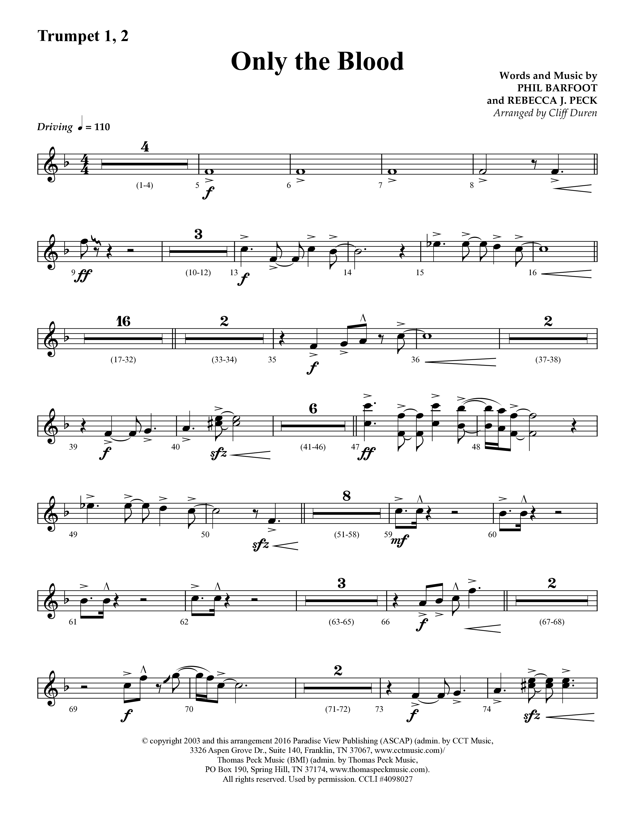 Only The Blood (Choral Anthem SATB) Trumpet 1,2 (Lifeway Choral / Arr. Cliff Duren)