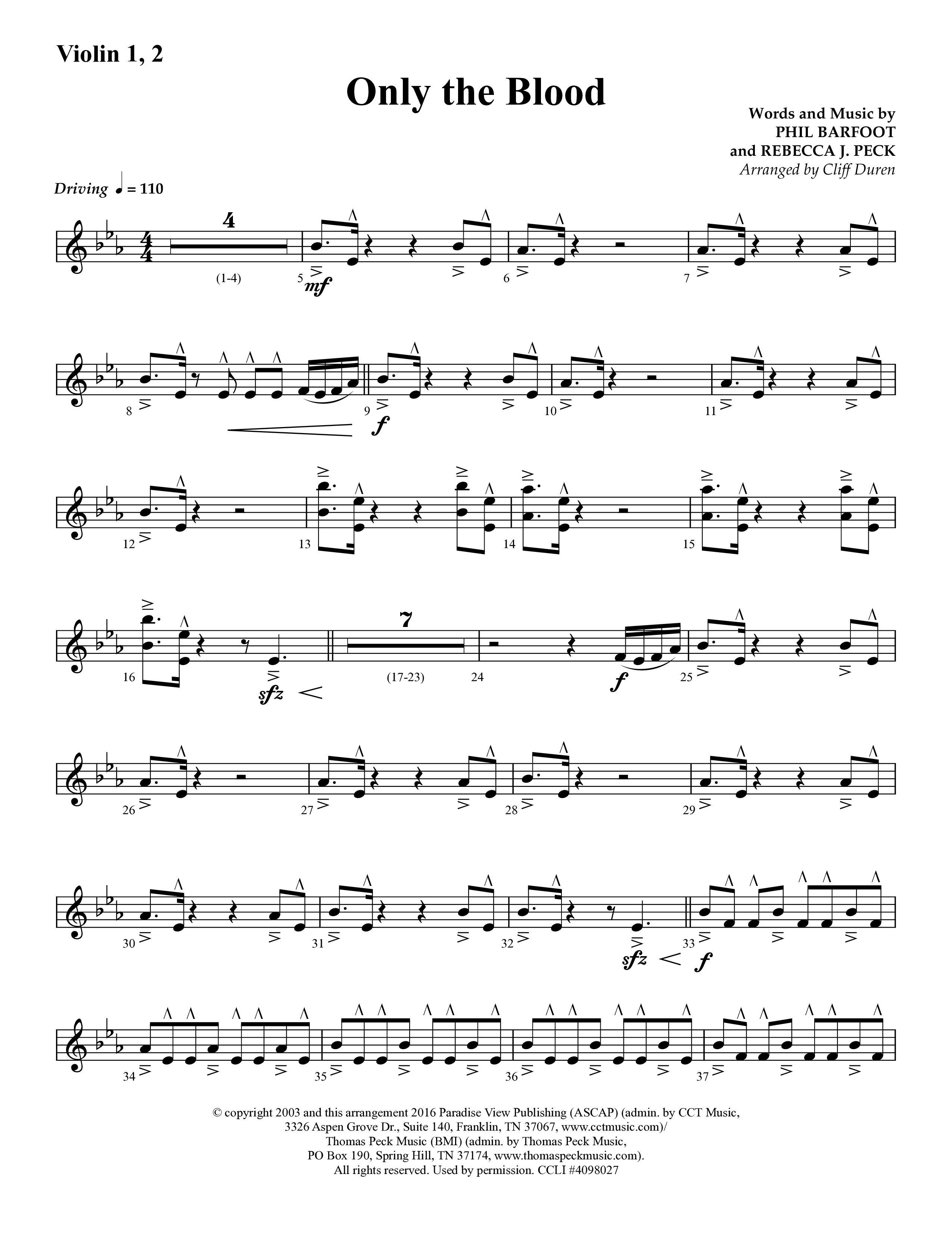 Only The Blood (Choral Anthem SATB) Violin 1/2 (Lifeway Choral / Arr. Cliff Duren)