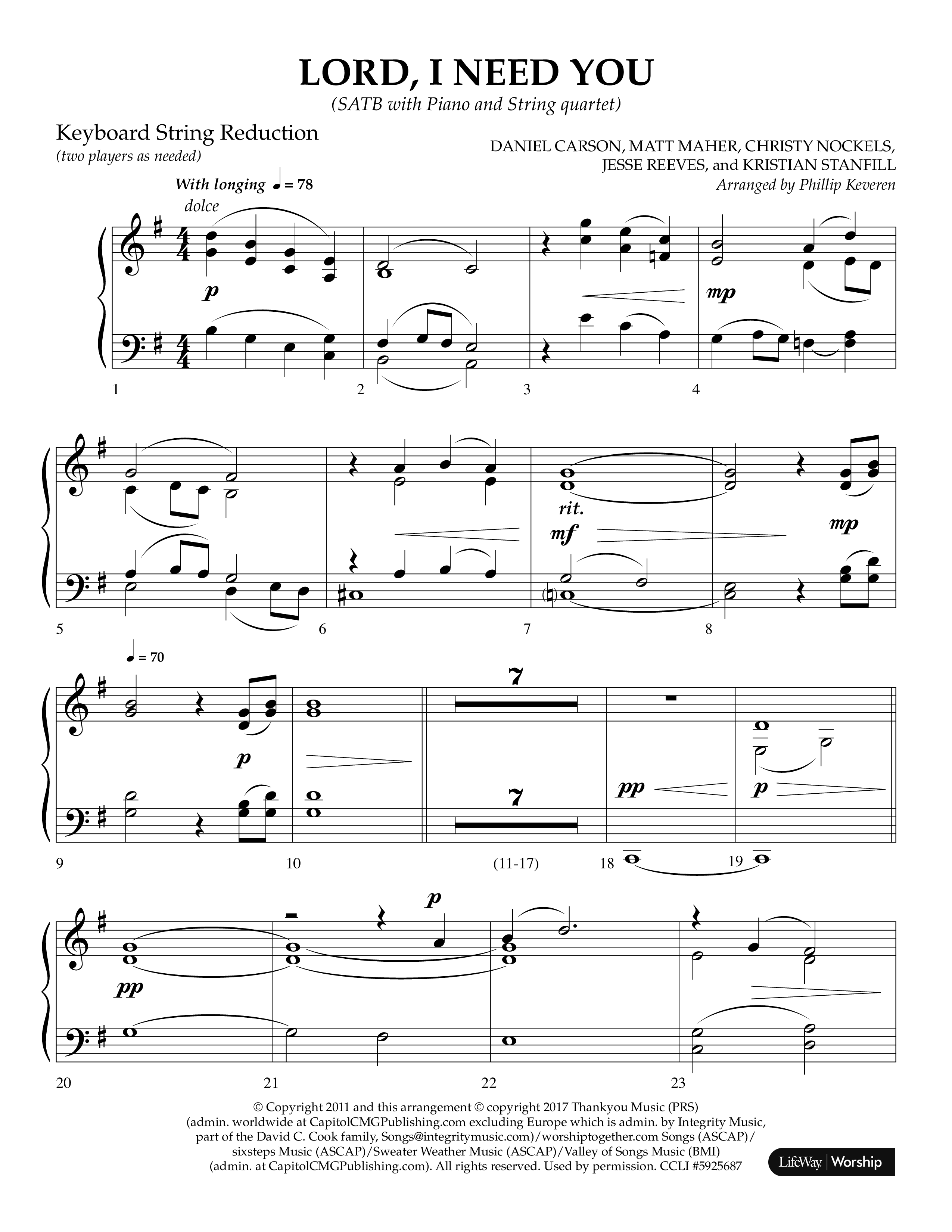 Lord I Need You (Choral Anthem SATB) String Reduction (Lifeway Choral / Arr. Phillip Keveren)