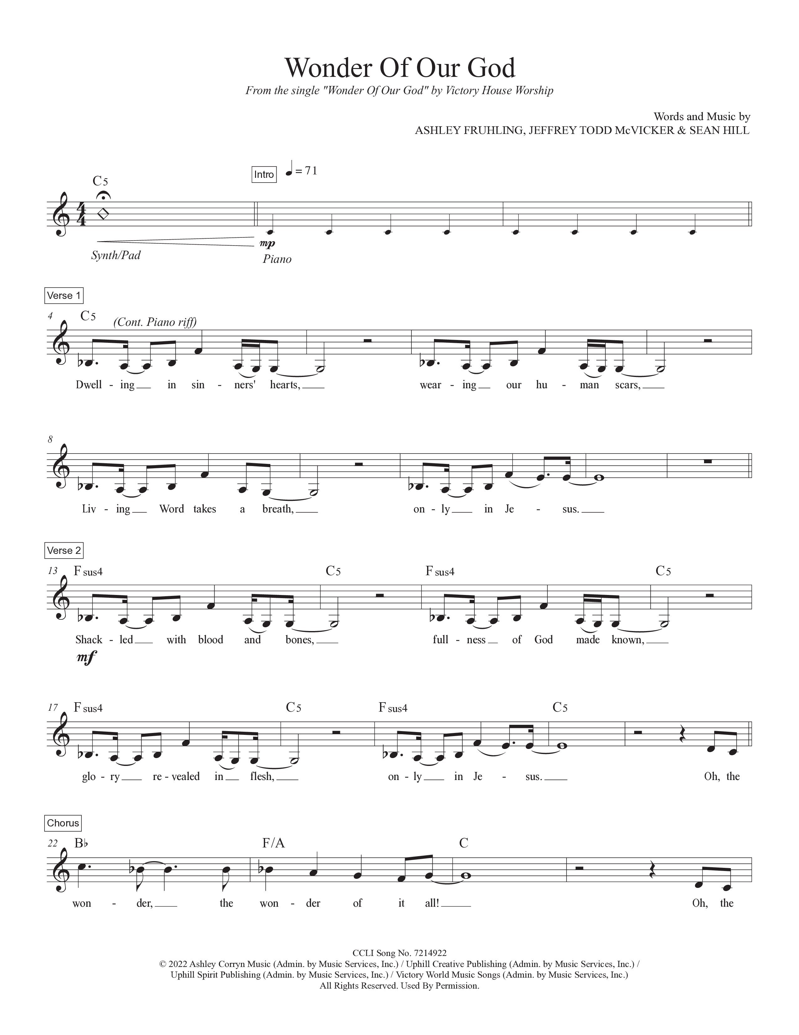 Wonder Of Our God Lead Sheet Melody (Victory House Worship)