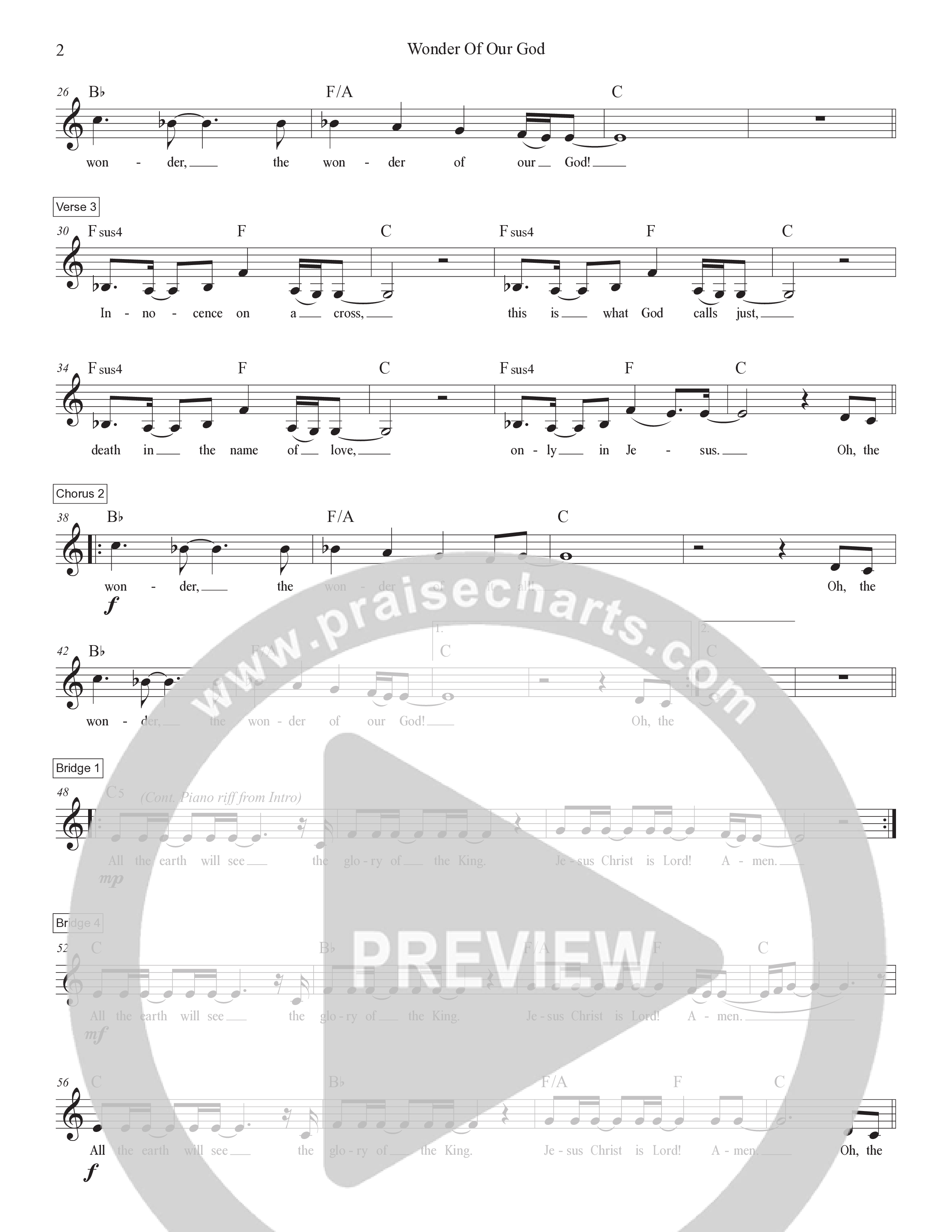 Wonder Of Our God Lead Sheet Melody (Victory House Worship)