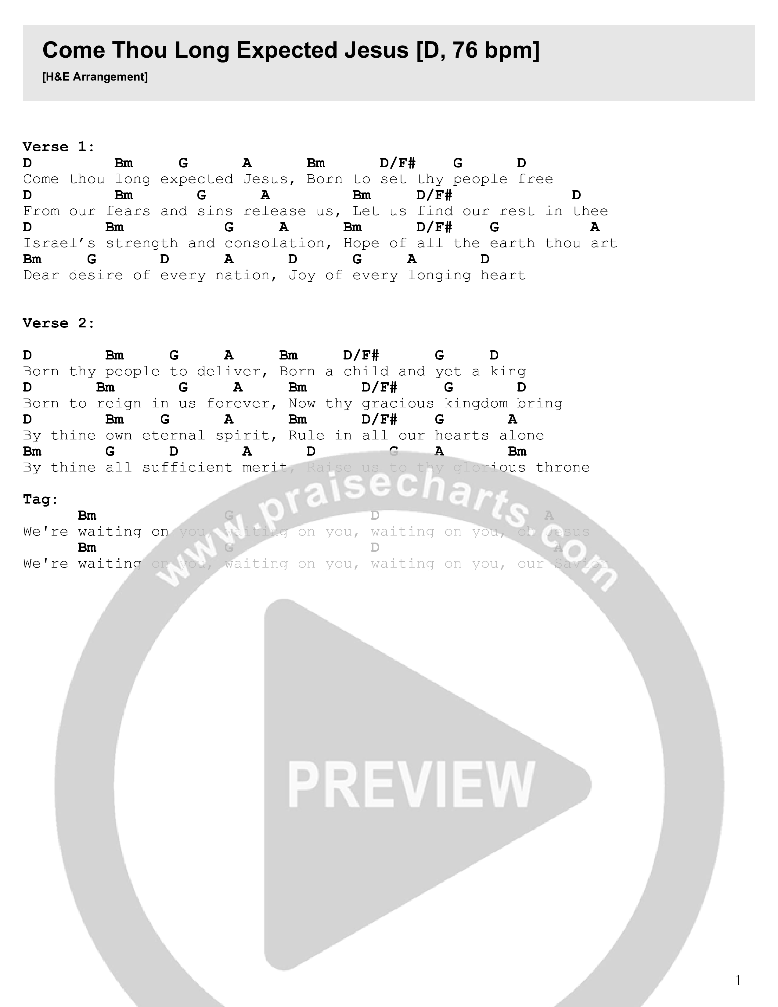 Come Thou Long Expected Jesus Chord Chart (Heaven And Earth / Vineyard Worship / Paul Cullen)