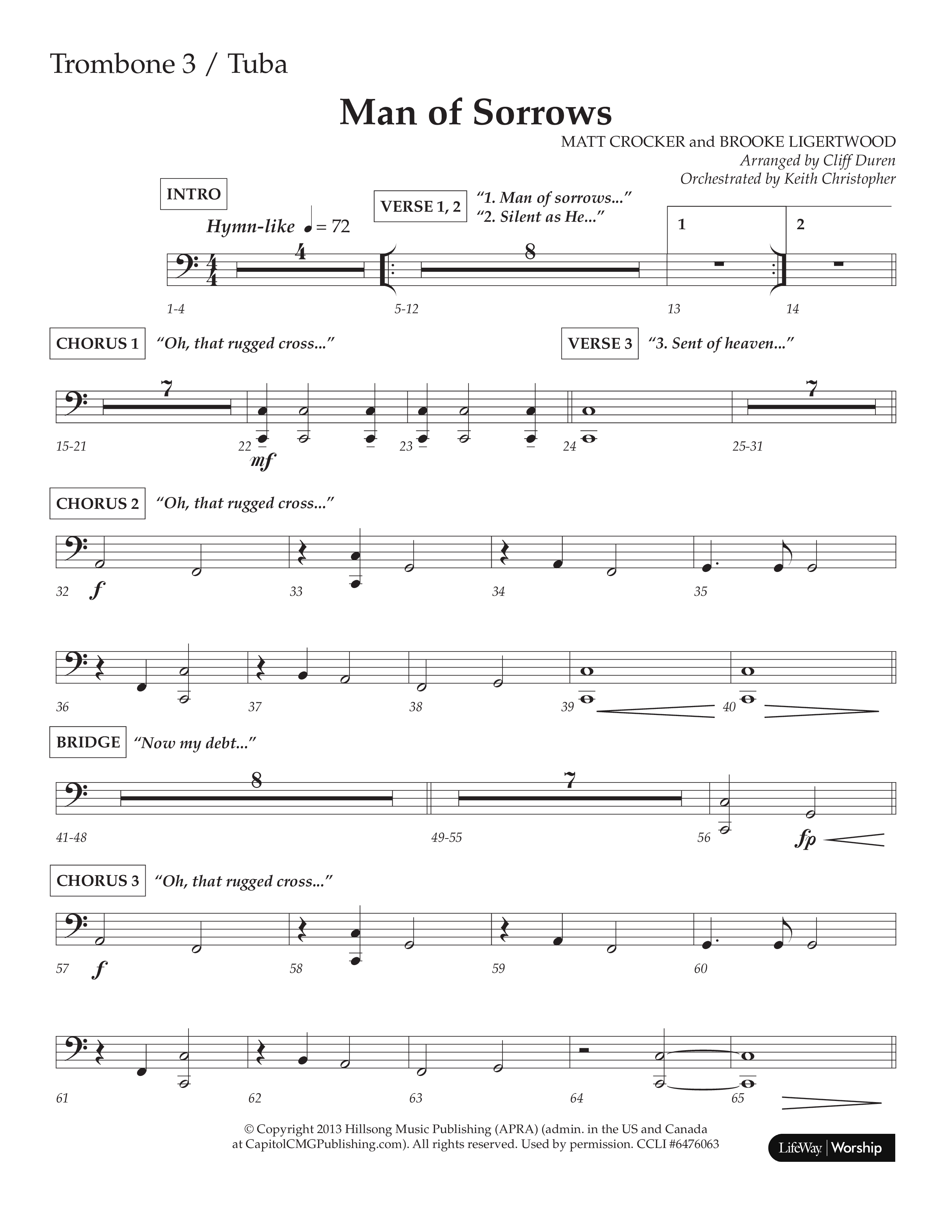 Man Of Sorrows (Choral Anthem SATB) Trombone 3/Tuba (Lifeway Choral / Arr. Cliff Duren / Orch. Keith Christopher)