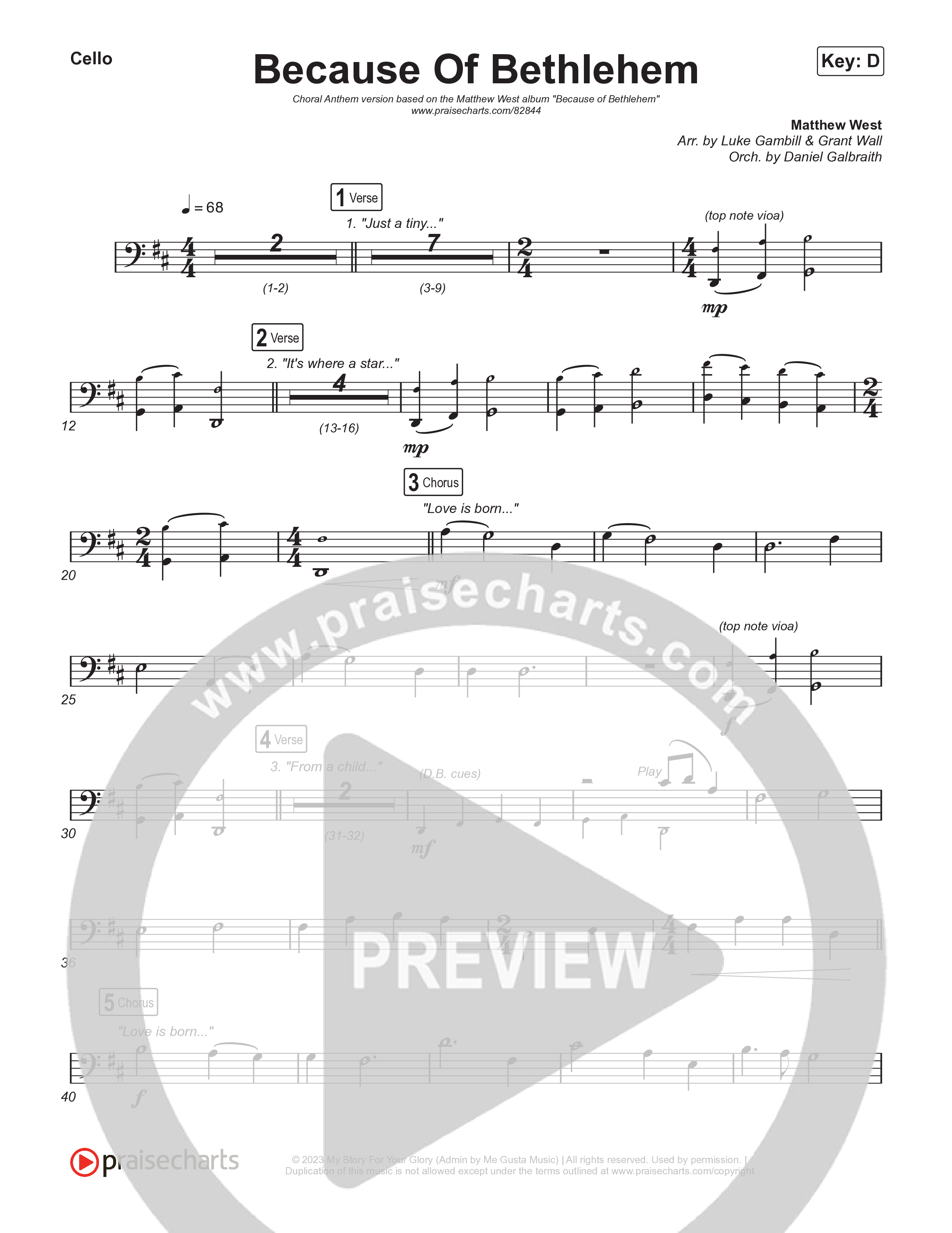 Because Of Bethlehem (Choral Anthem SATB) Cello (Matthew West / Arr. Luke Gambill)