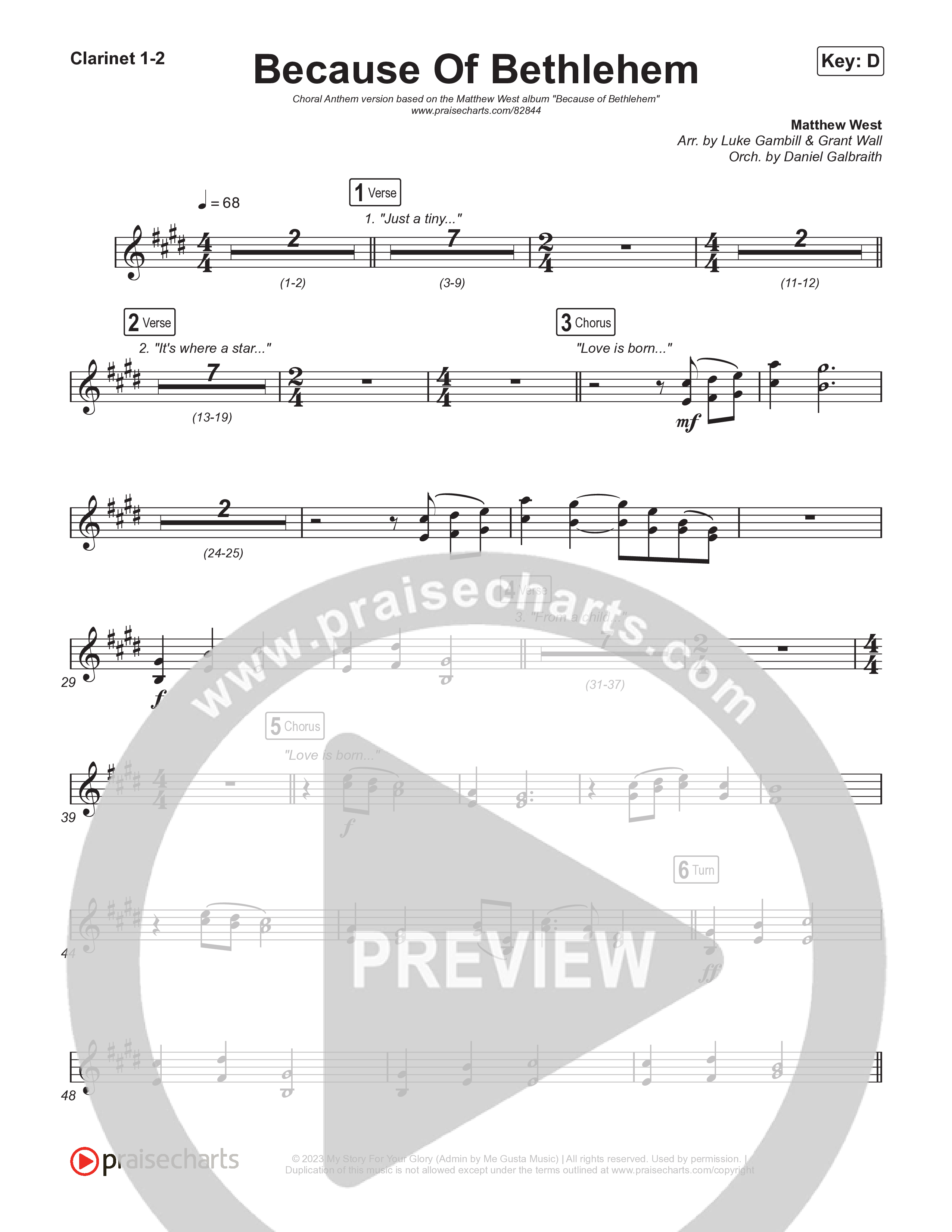Because Of Bethlehem (Choral Anthem SATB) Clarinet 1,2 (Matthew West / Arr. Luke Gambill)