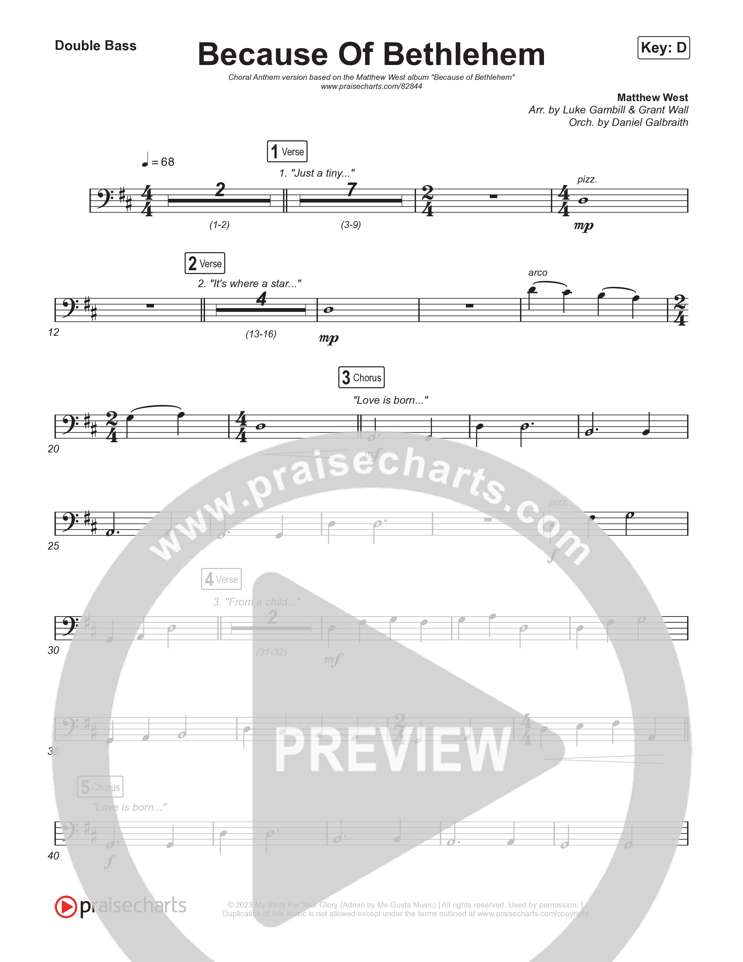 Because Of Bethlehem (Choral Anthem SATB) String Bass (Matthew West / Arr. Luke Gambill)