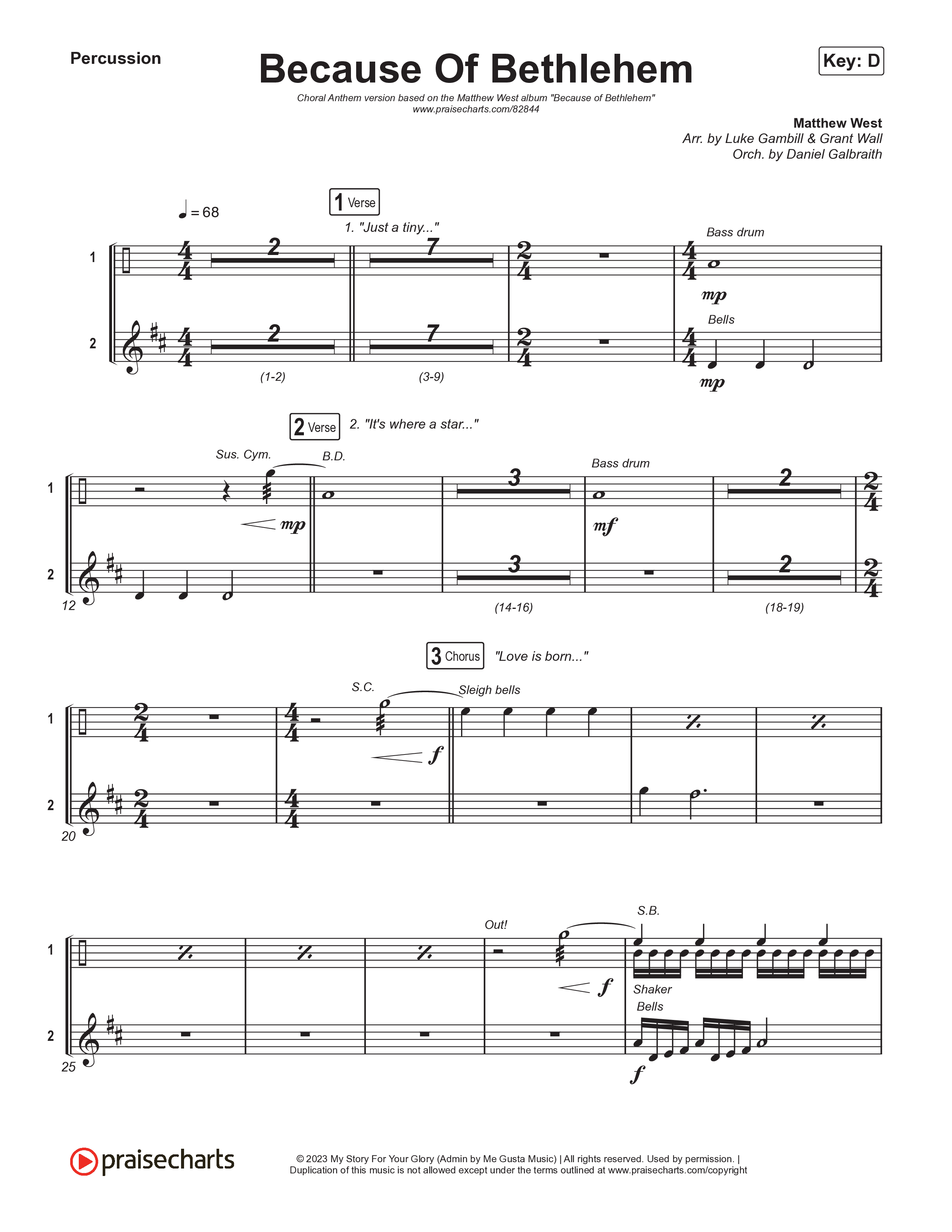 Because Of Bethlehem (Choral Anthem SATB) Percussion (Matthew West / Arr. Luke Gambill)