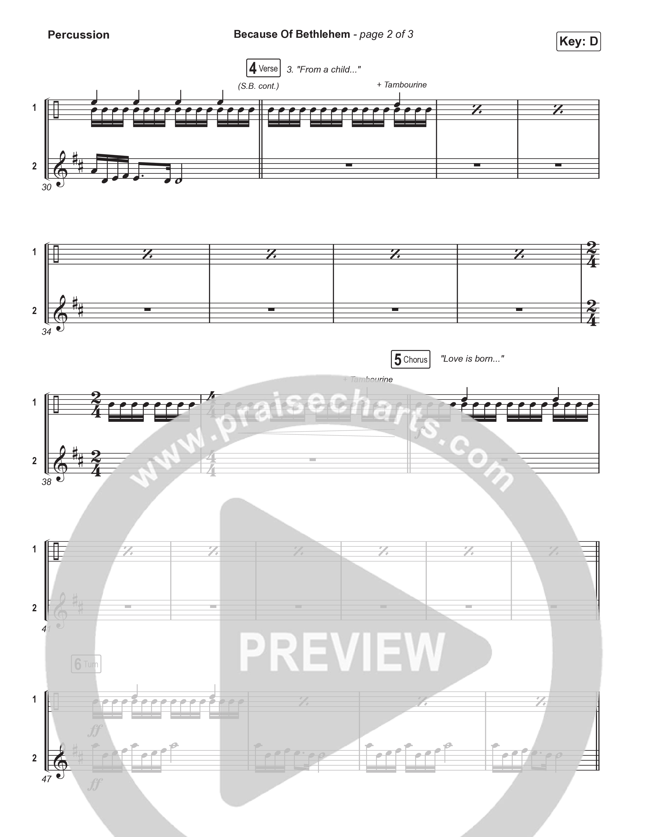 Because Of Bethlehem (Choral Anthem SATB) Percussion (Matthew West / Arr. Luke Gambill)