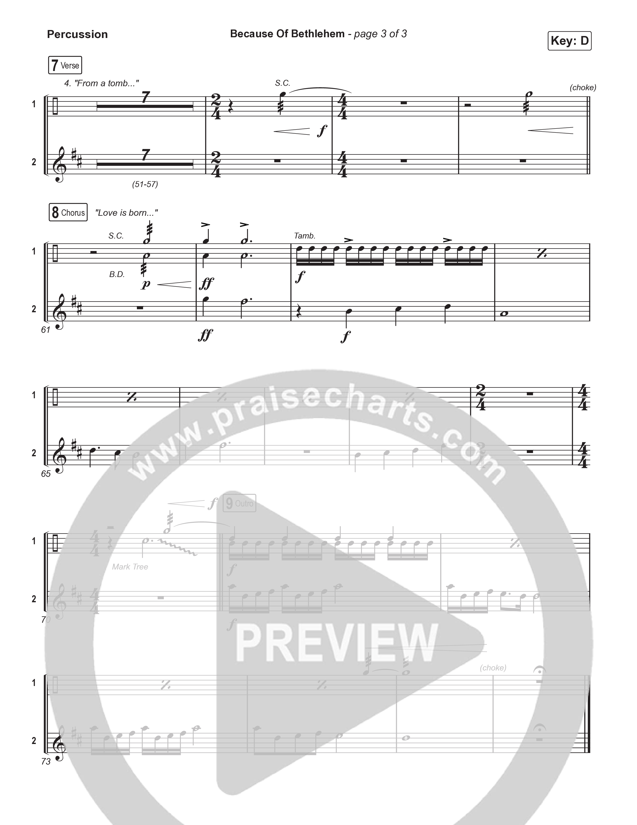 Because Of Bethlehem (Choral Anthem SATB) Percussion (Matthew West / Arr. Luke Gambill)