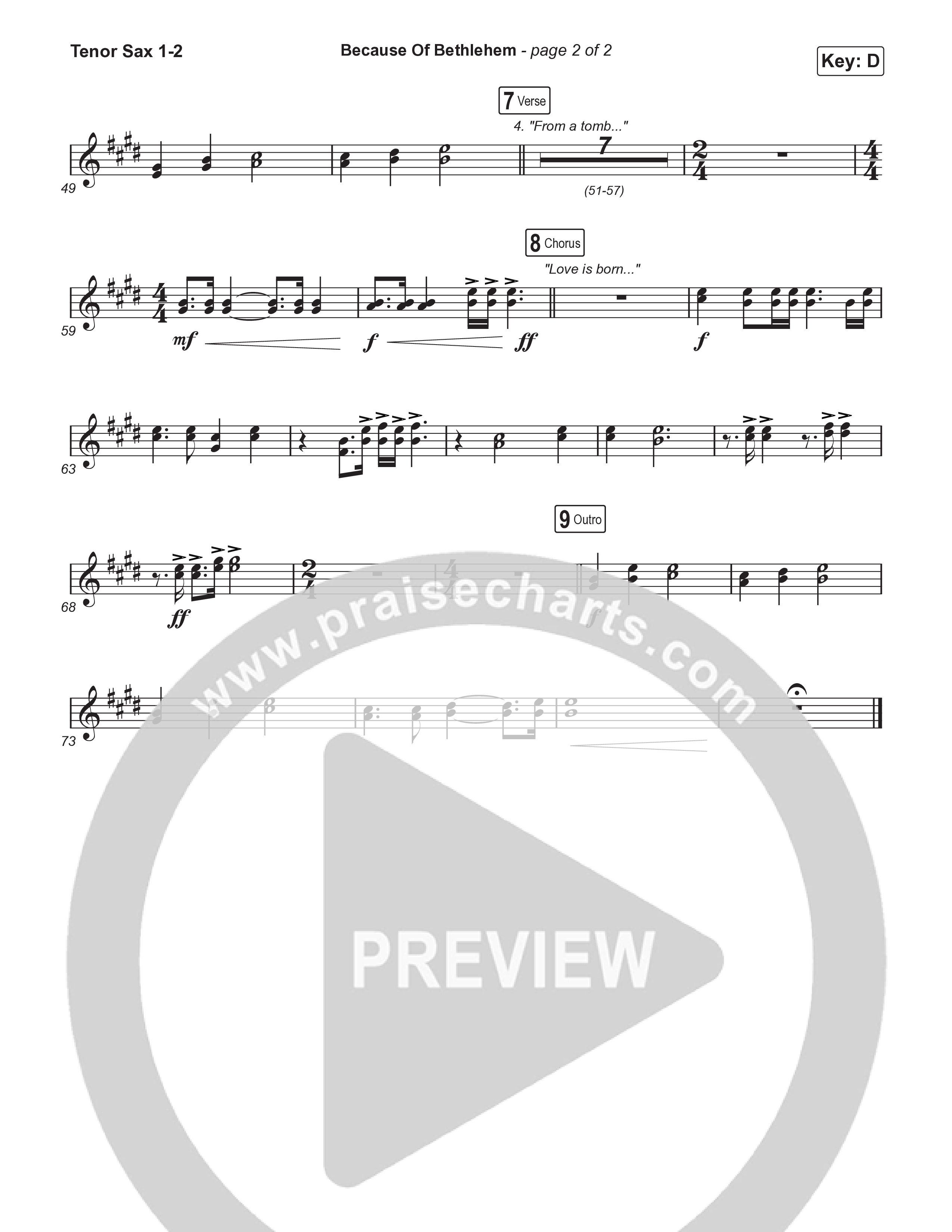 Because Of Bethlehem (Choral Anthem SATB) Tenor Sax 1,2 (Matthew West / Arr. Luke Gambill)