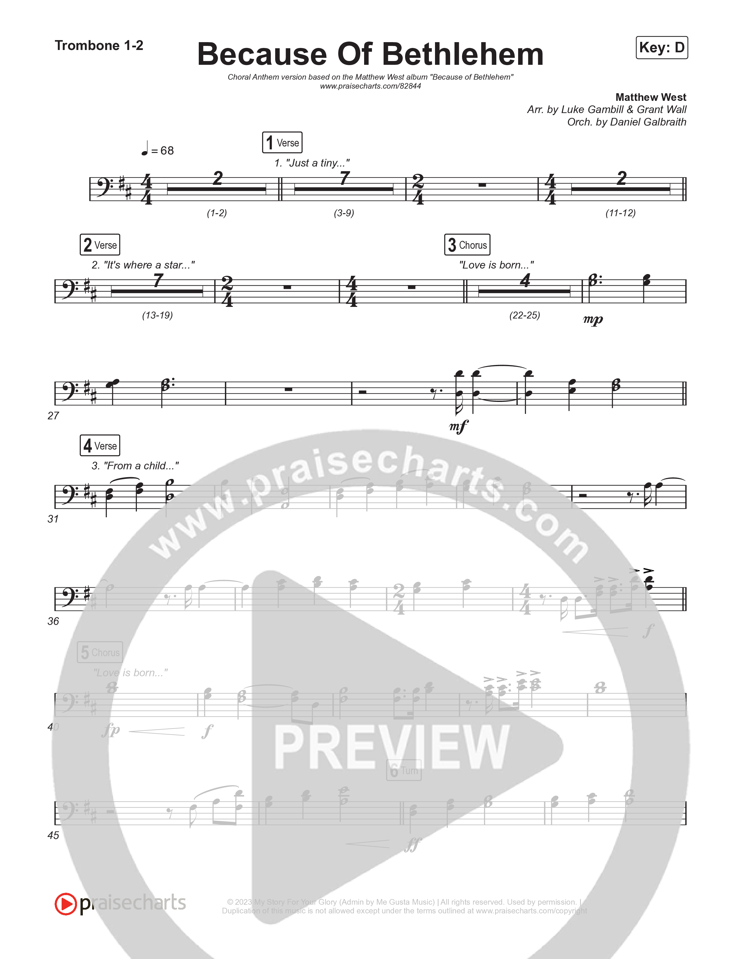 Because Of Bethlehem (Choral Anthem SATB) Trombone 1/2 (Matthew West / Arr. Luke Gambill)