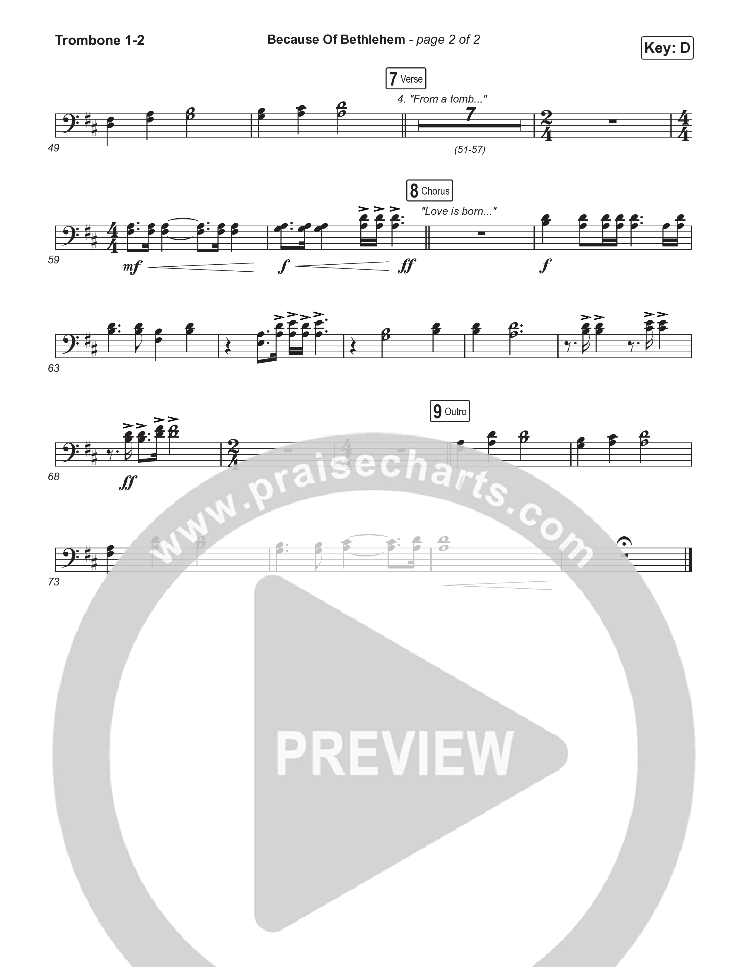 Because Of Bethlehem (Choral Anthem SATB) Trombone 1/2 (Matthew West / Arr. Luke Gambill)