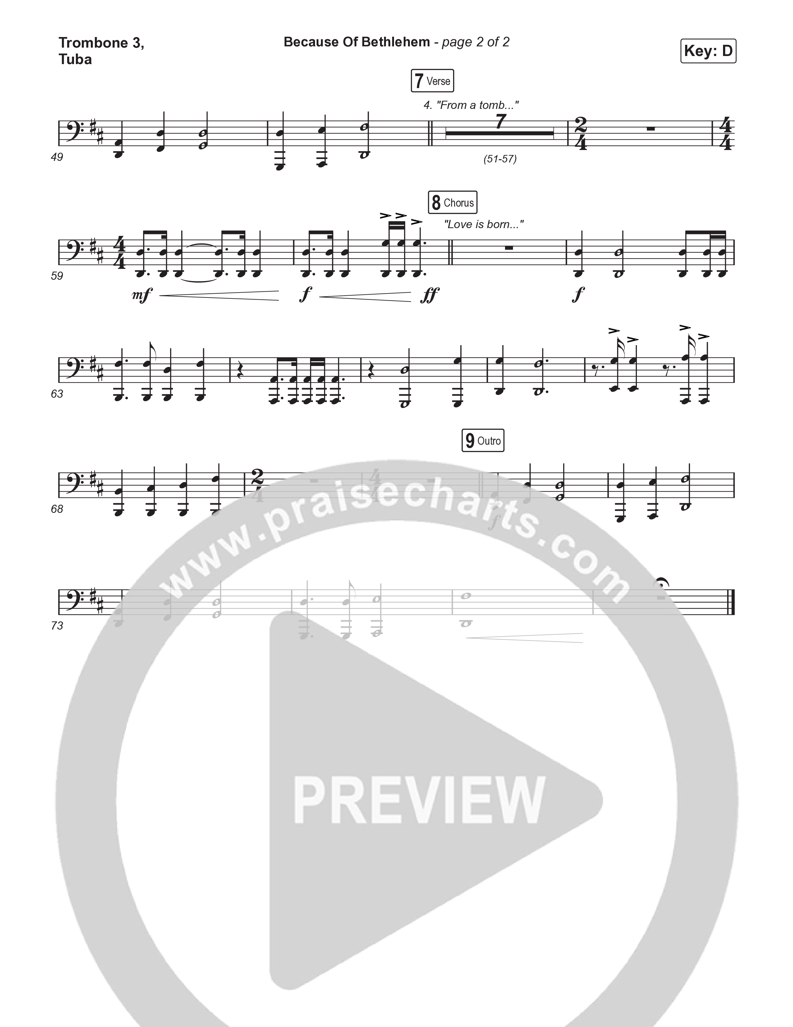 Because Of Bethlehem (Choral Anthem SATB) Trombone 3/Tuba (Matthew West / Arr. Luke Gambill)