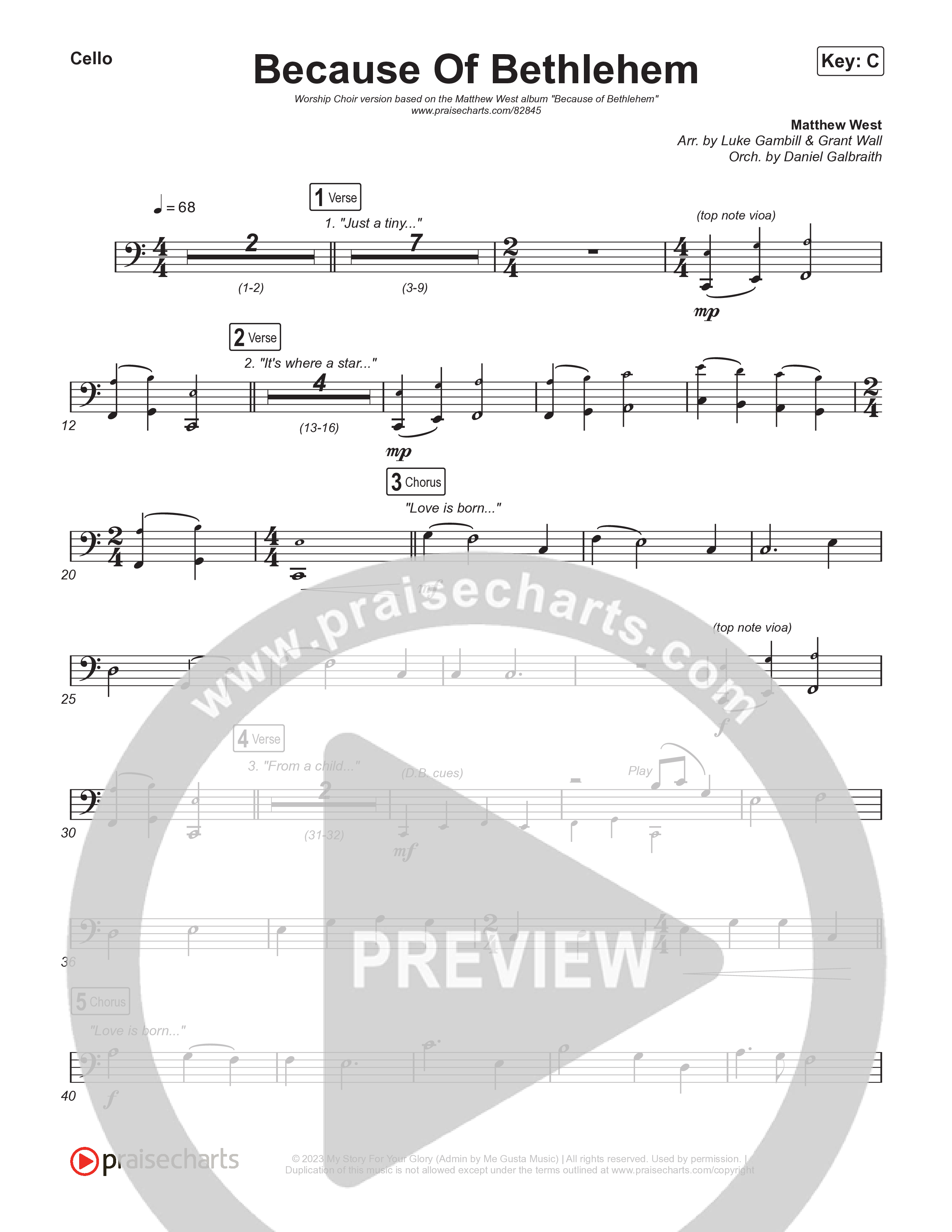 Because Of Bethlehem (Worship Choir/SAB) Cello (Matthew West / Arr. Luke Gambill)