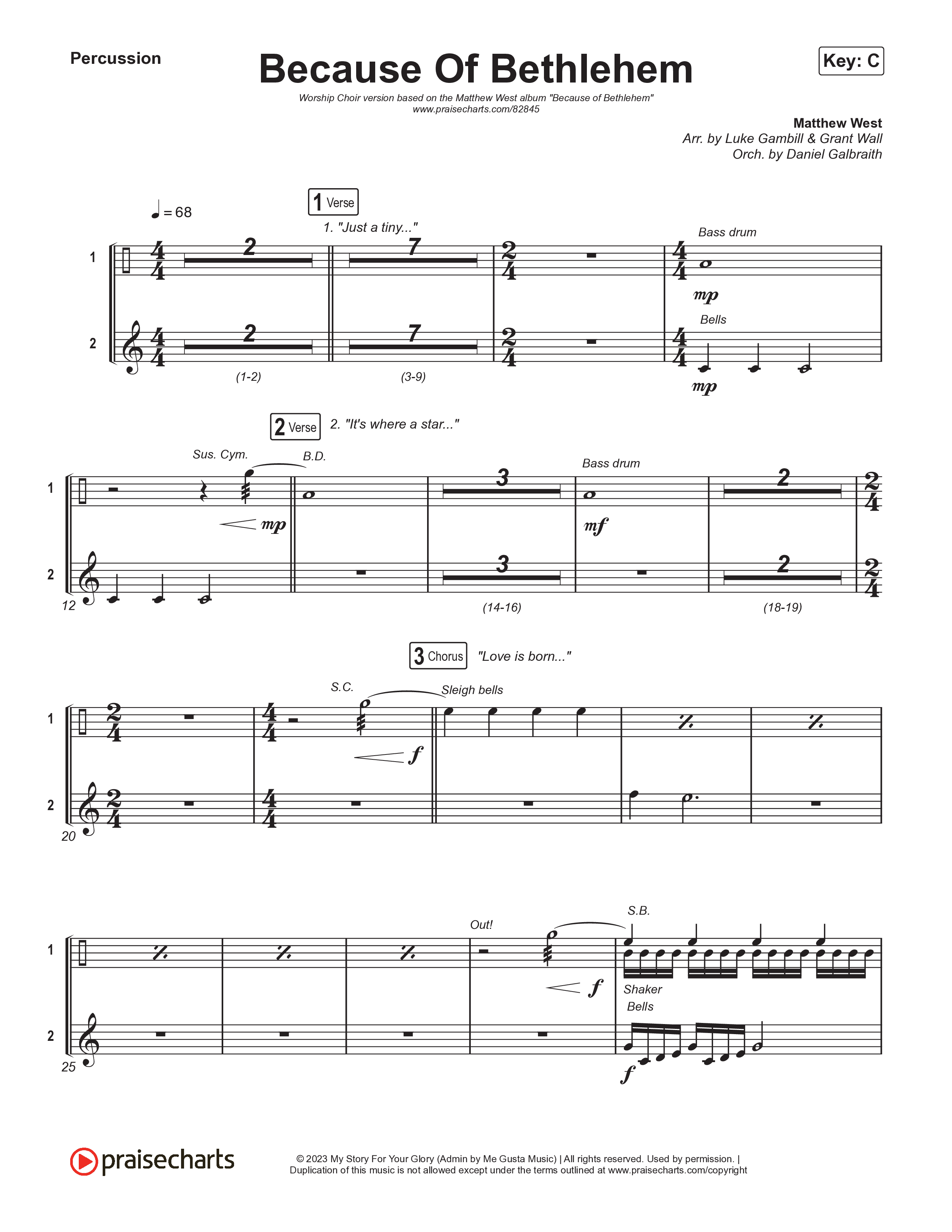 Because Of Bethlehem (Worship Choir/SAB) Percussion (Matthew West / Arr. Luke Gambill)