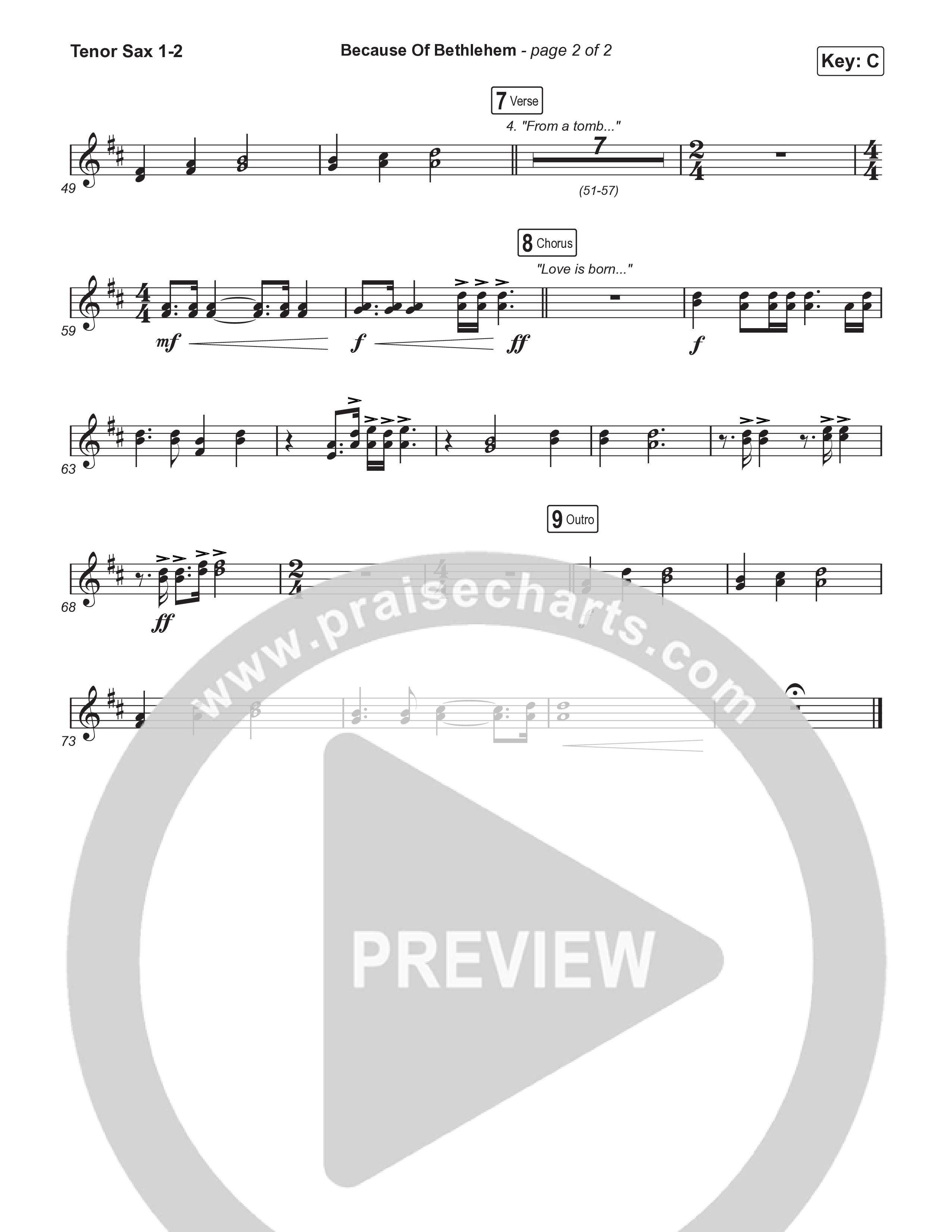 Because Of Bethlehem (Worship Choir/SAB) Tenor Sax 1/2 (Matthew West / Arr. Luke Gambill)