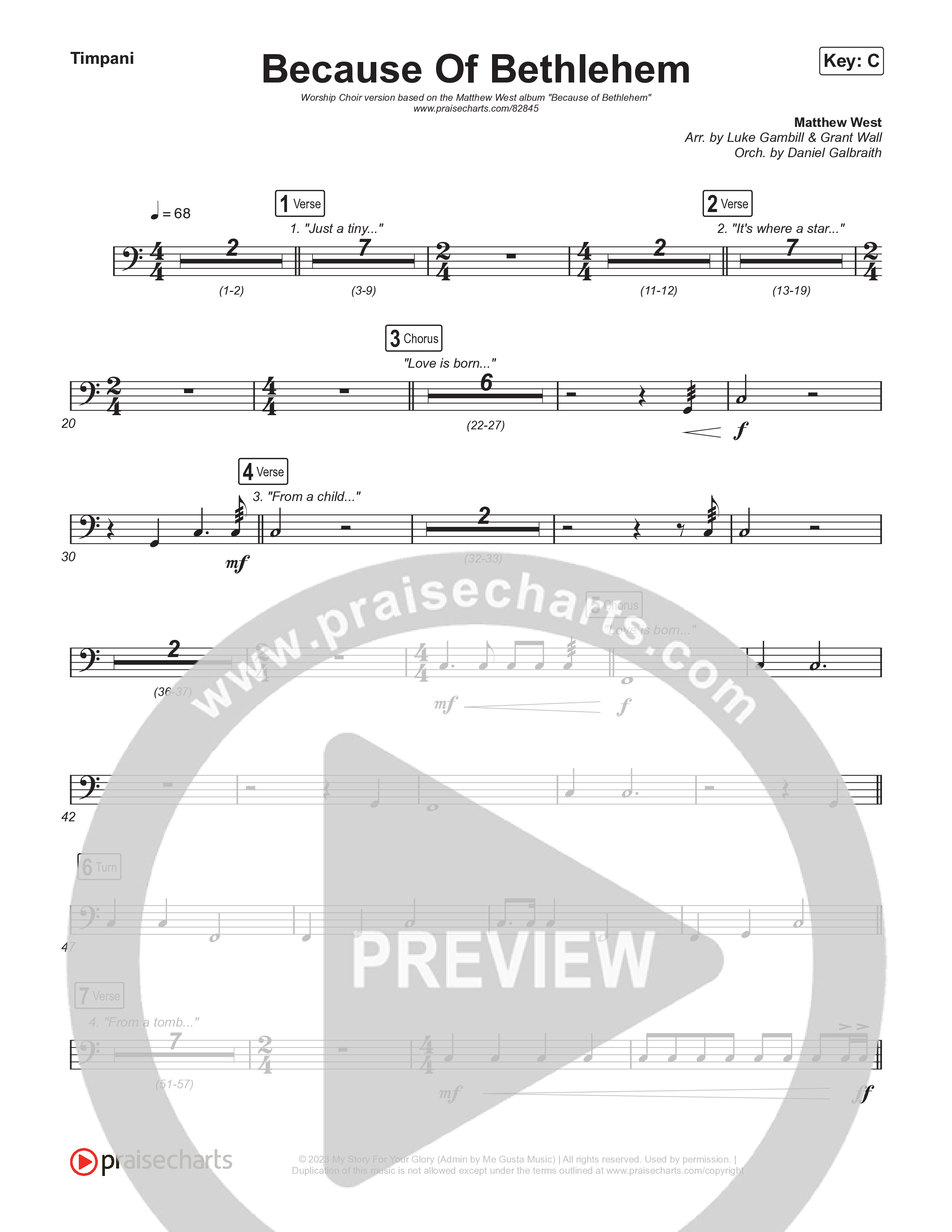 Because Of Bethlehem (Worship Choir/SAB) Timpani (Matthew West / Arr. Luke Gambill)