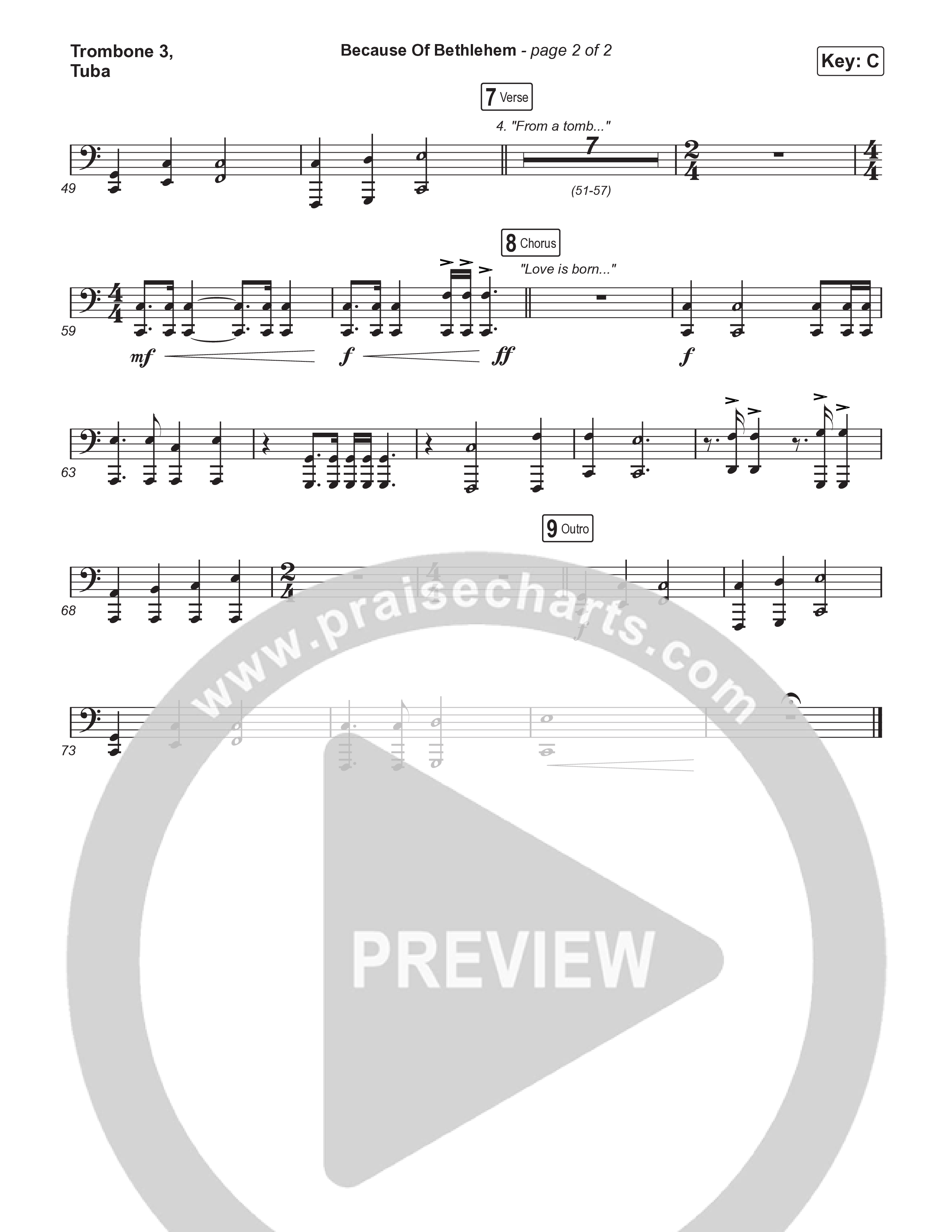 Because Of Bethlehem (Worship Choir/SAB) Trombone 3/Tuba (Matthew West / Arr. Luke Gambill)