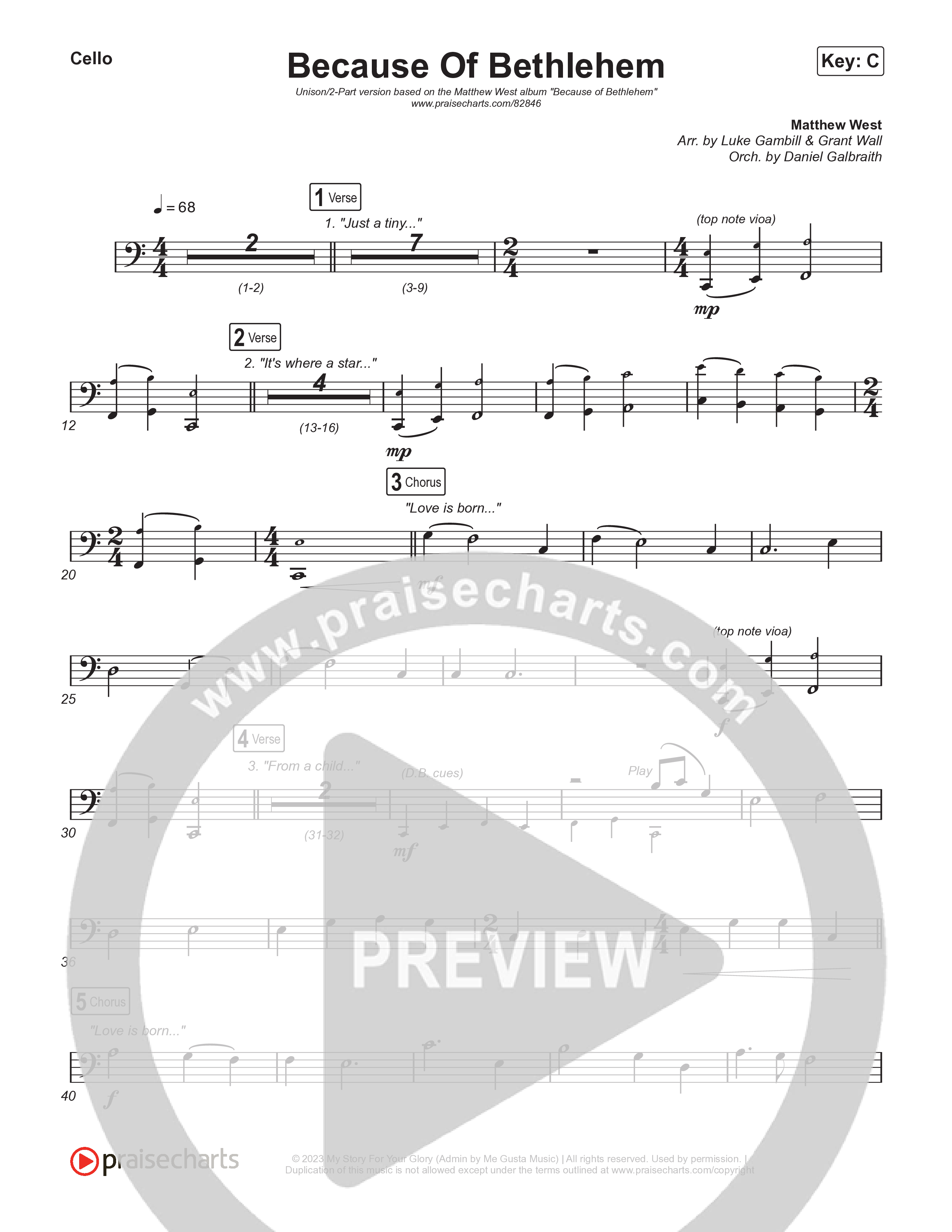 Because Of Bethlehem (Unison/2-Part) Cello (Matthew West / Arr. Luke Gambill)