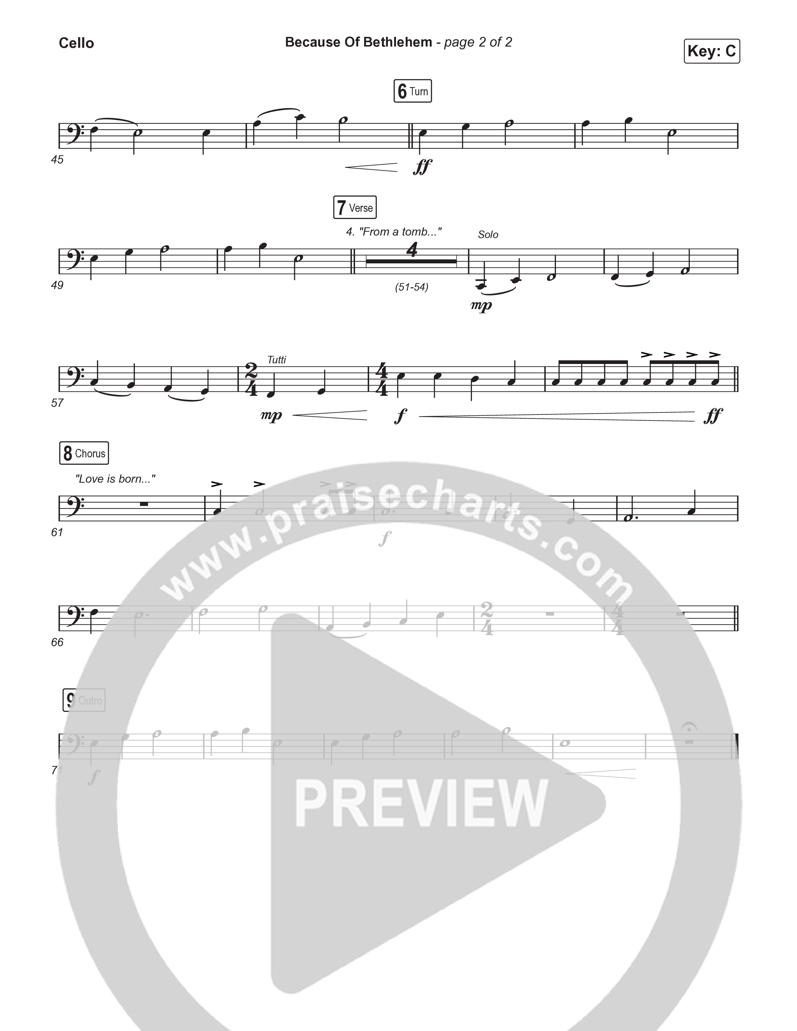 Because Of Bethlehem (Unison/2-Part) Cello (Matthew West / Arr. Luke Gambill)