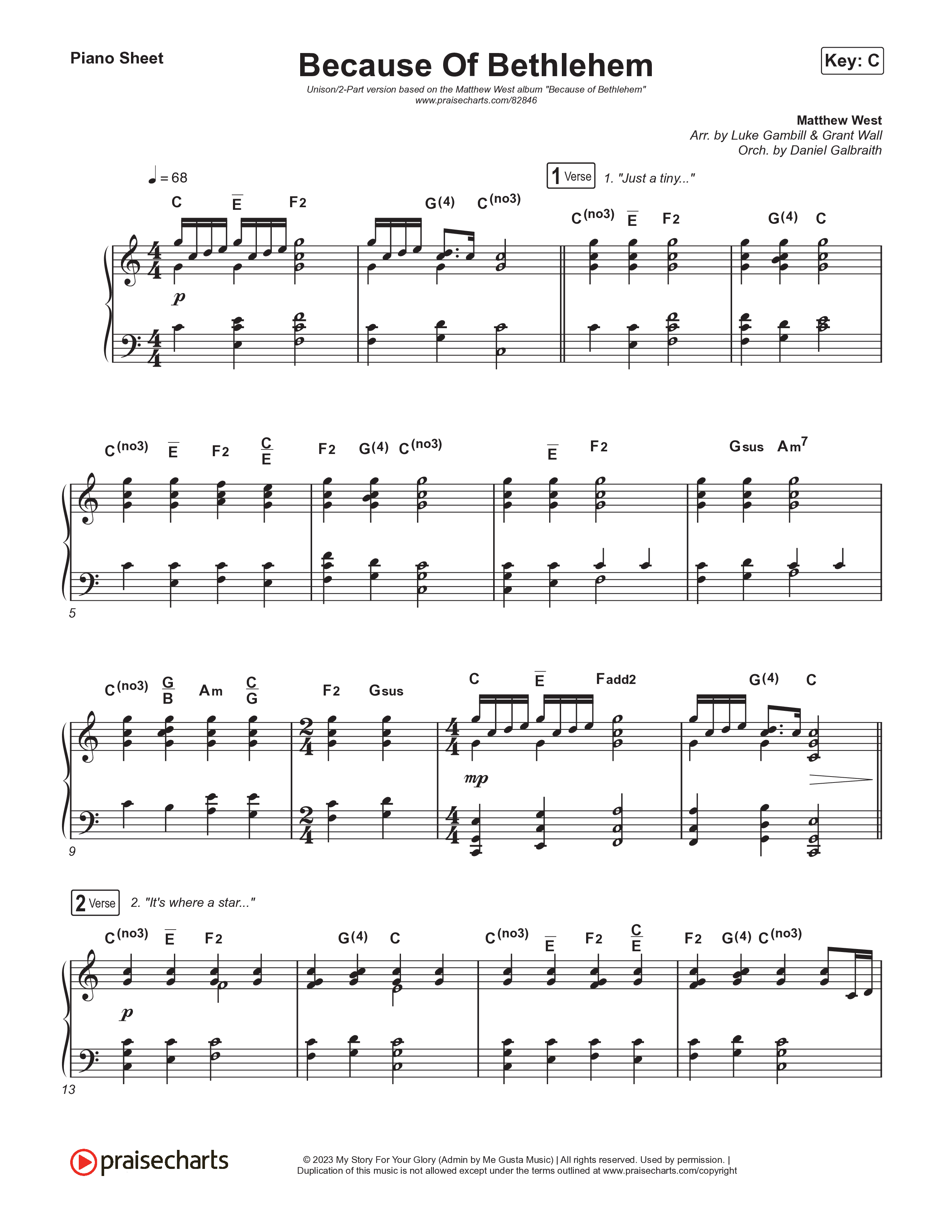 Because Of Bethlehem (Unison/2-Part) Piano Sheet (Matthew West / Arr. Luke Gambill)