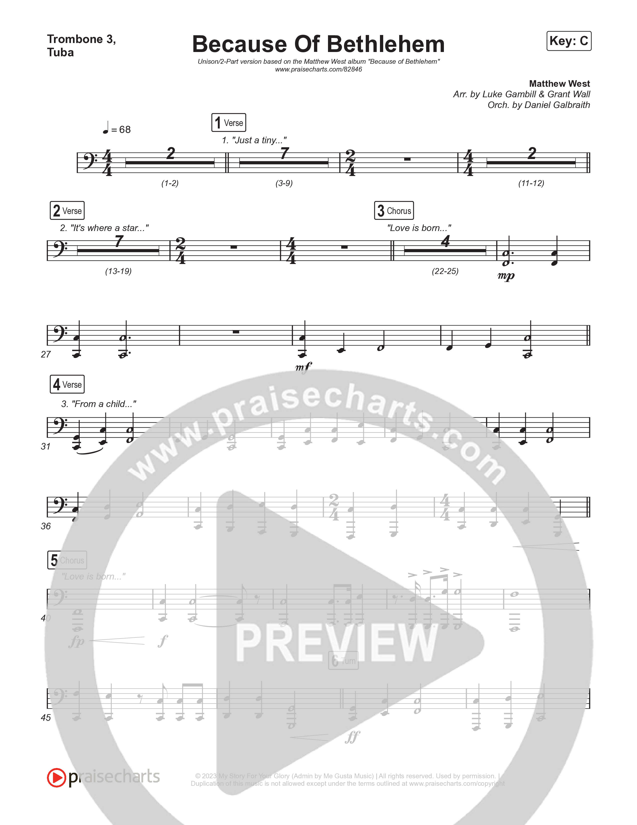Because Of Bethlehem (Unison/2-Part) Trombone 3/Tuba (Matthew West / Arr. Luke Gambill)