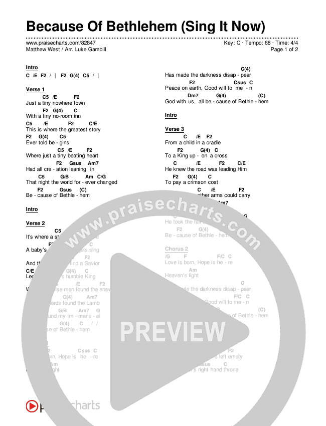 Because Of Bethlehem (Sing It Now) Chords & Lyrics (Matthew West / Arr. Luke Gambill)
