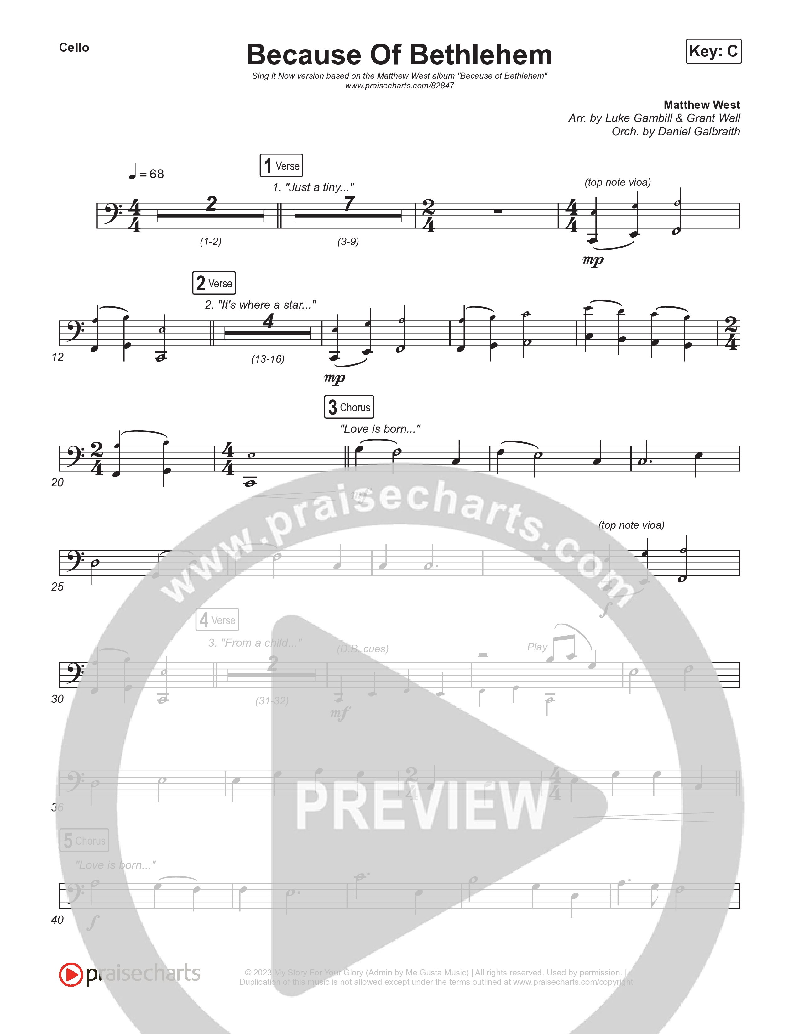 Because Of Bethlehem (Sing It Now) Cello (Matthew West / Arr. Luke Gambill)