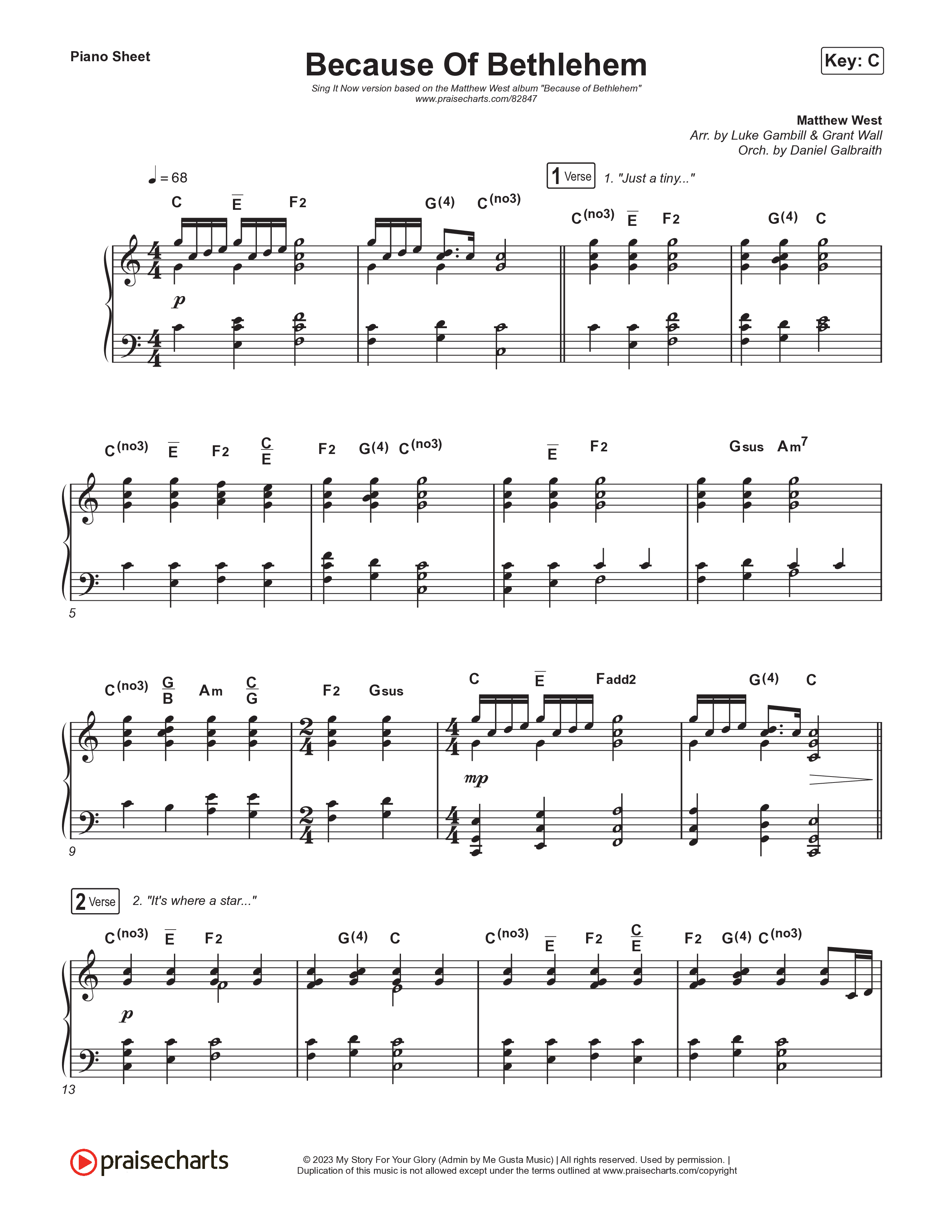 Because Of Bethlehem (Sing It Now) Piano Sheet (Matthew West / Arr. Luke Gambill)