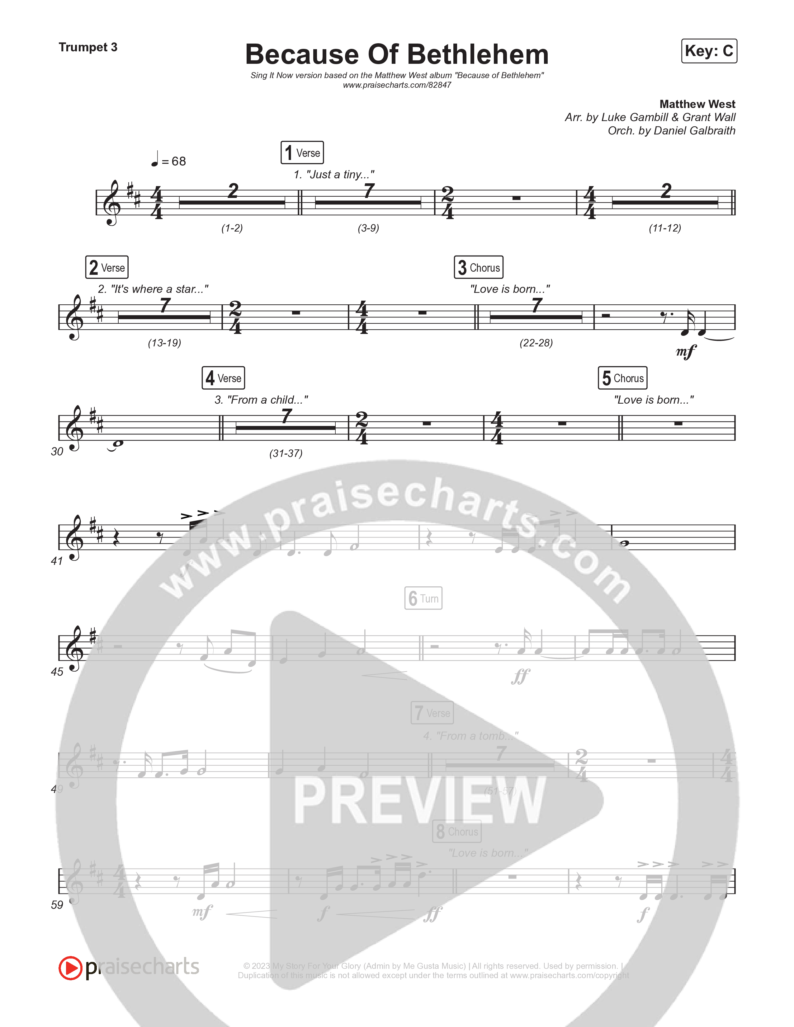 Because Of Bethlehem (Sing It Now) Trumpet 3 (Matthew West / Arr. Luke Gambill)