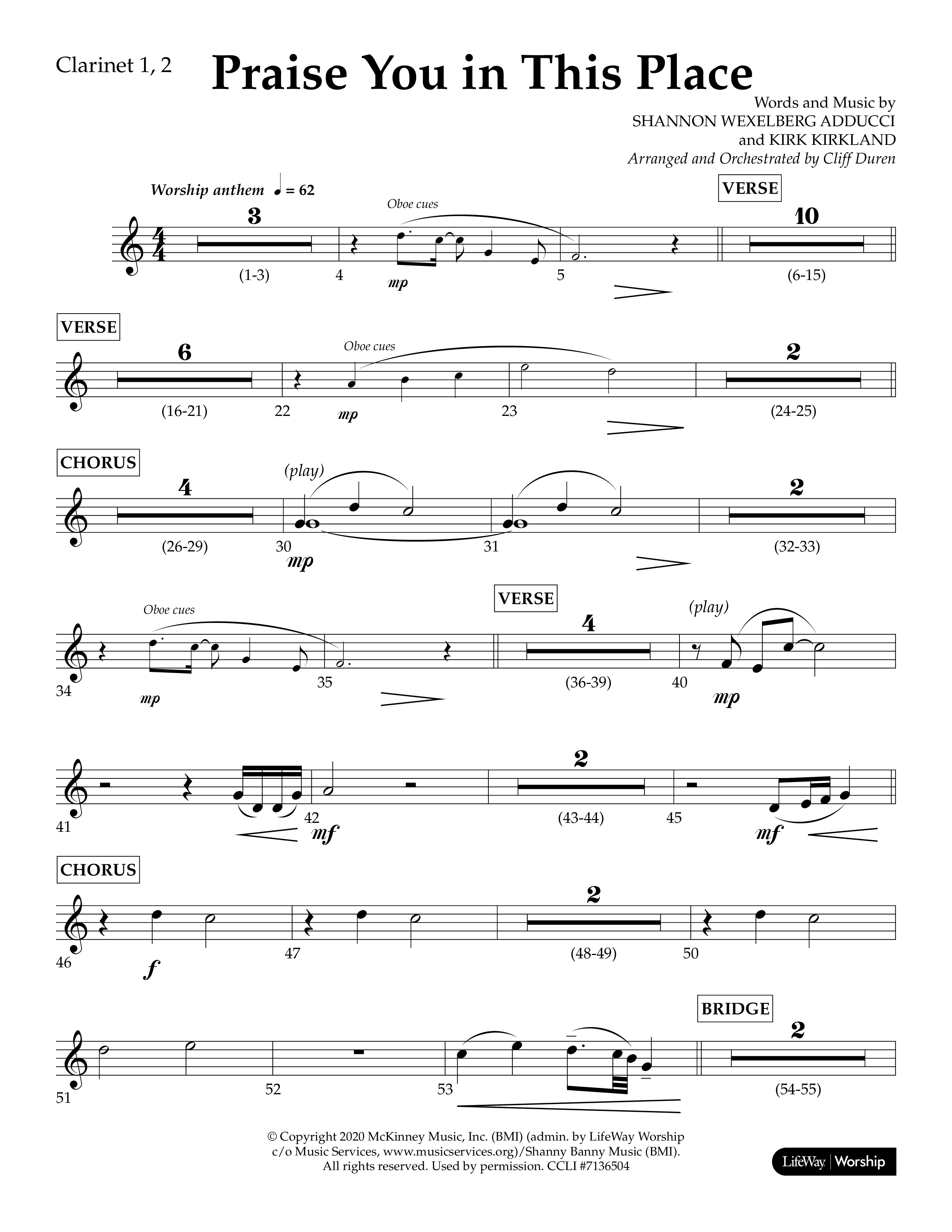 Praise You In This Place (Choral Anthem SATB) Clarinet 1/2 (Lifeway Choral / Arr. Cliff Duren)