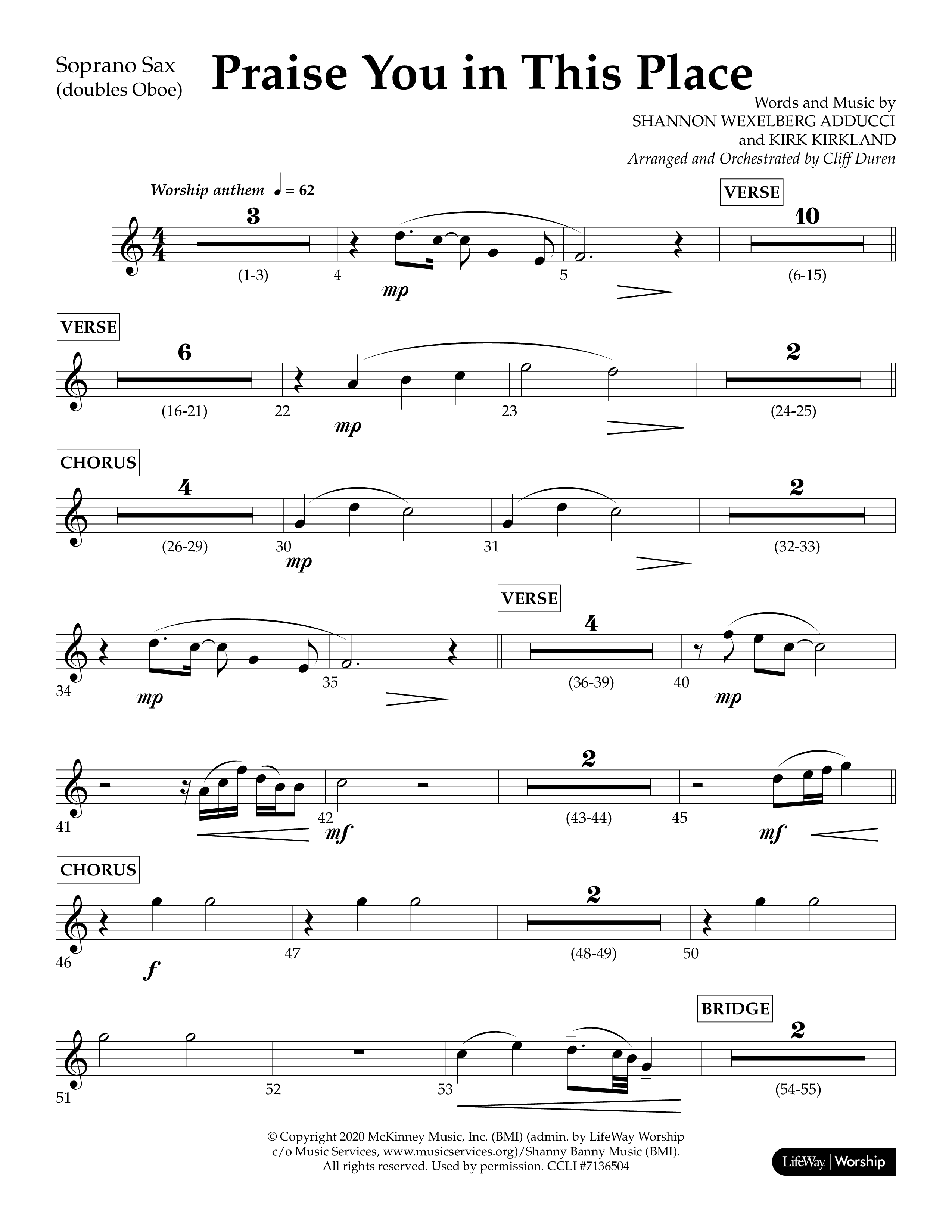 Praise You In This Place (Choral Anthem SATB) Soprano Sax (Lifeway Choral / Arr. Cliff Duren)