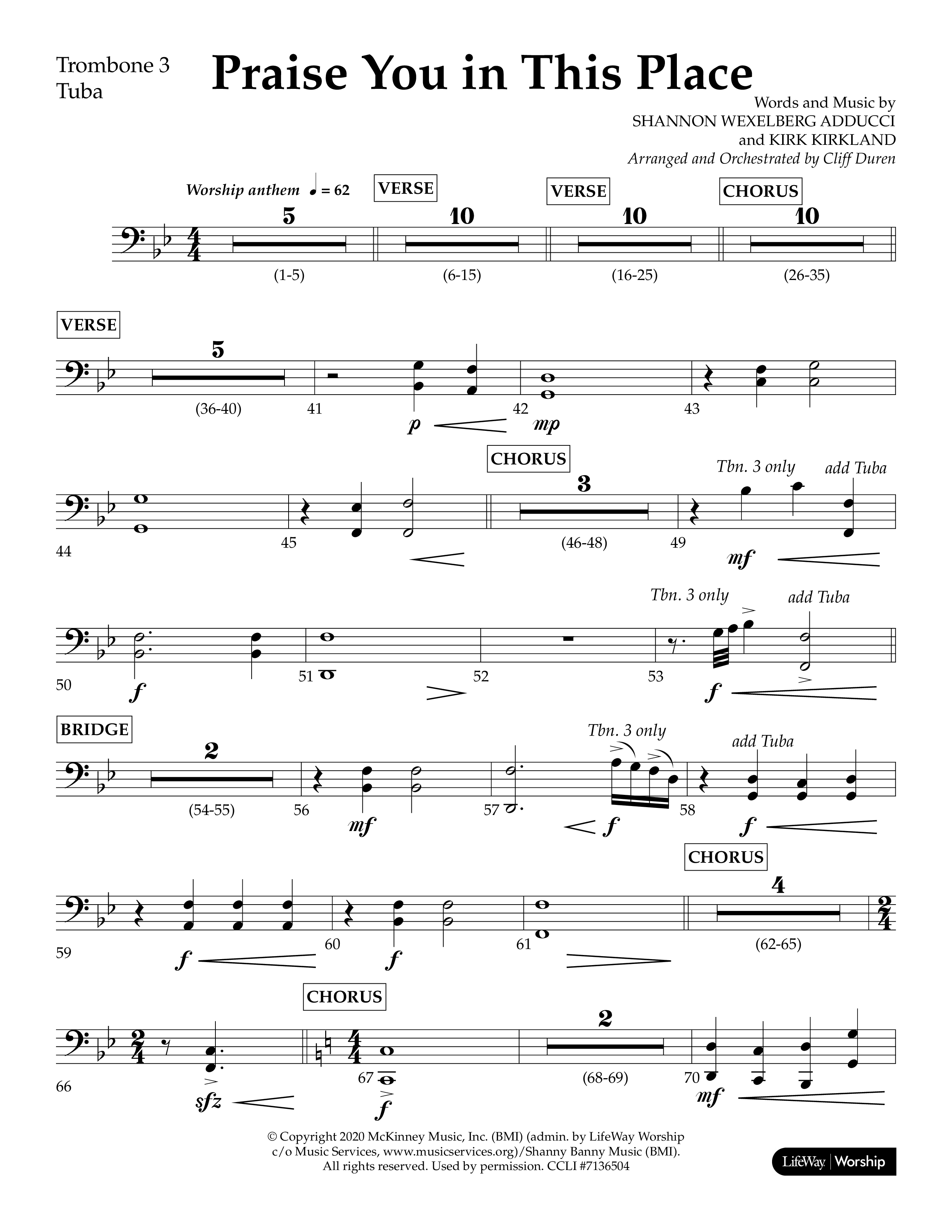 Praise You In This Place (Choral Anthem SATB) Trombone 3/Tuba (Lifeway Choral / Arr. Cliff Duren)