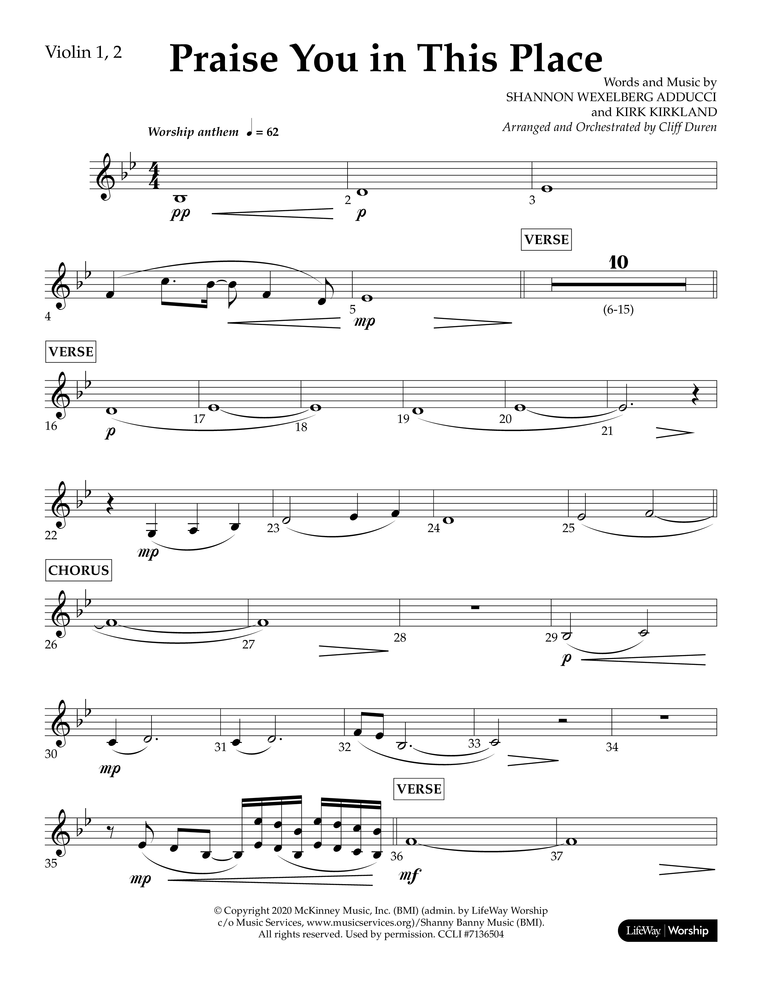 Praise You In This Place (Choral Anthem SATB) Violin 1/2 (Lifeway Choral / Arr. Cliff Duren)