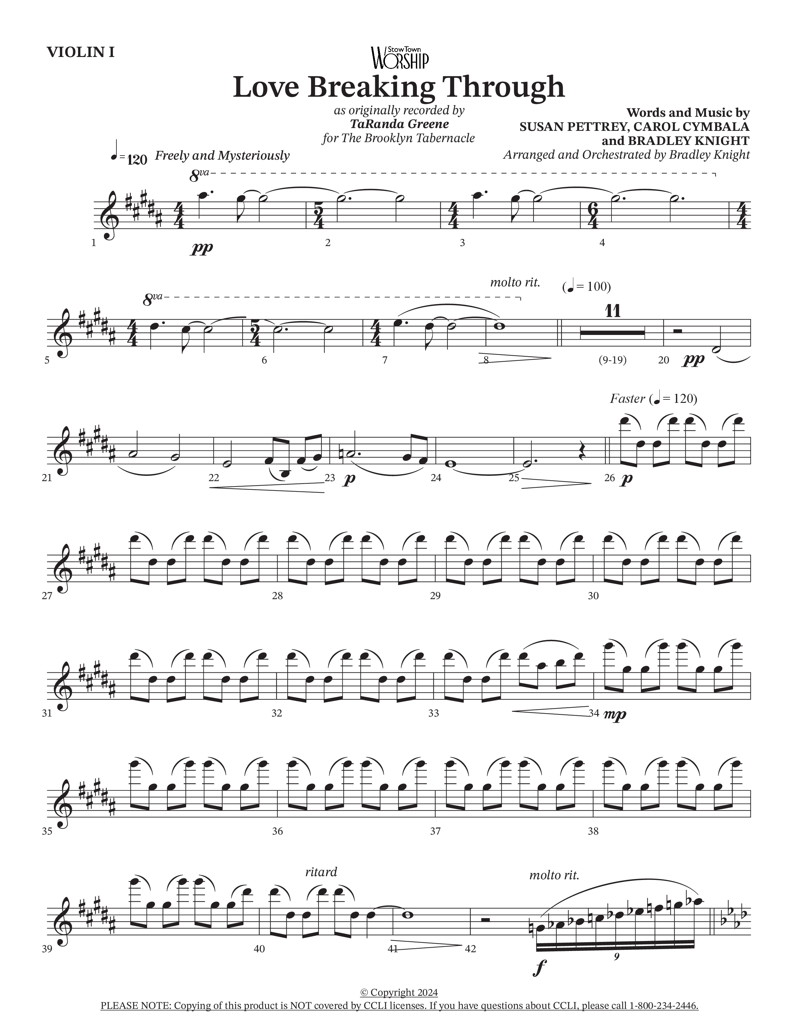 Love Breaking Through (Choral Anthem SATB) Violin 1 (TaRanda Greene / The Brooklyn Tabernacle Choir / Arr. Bradley Knight)
