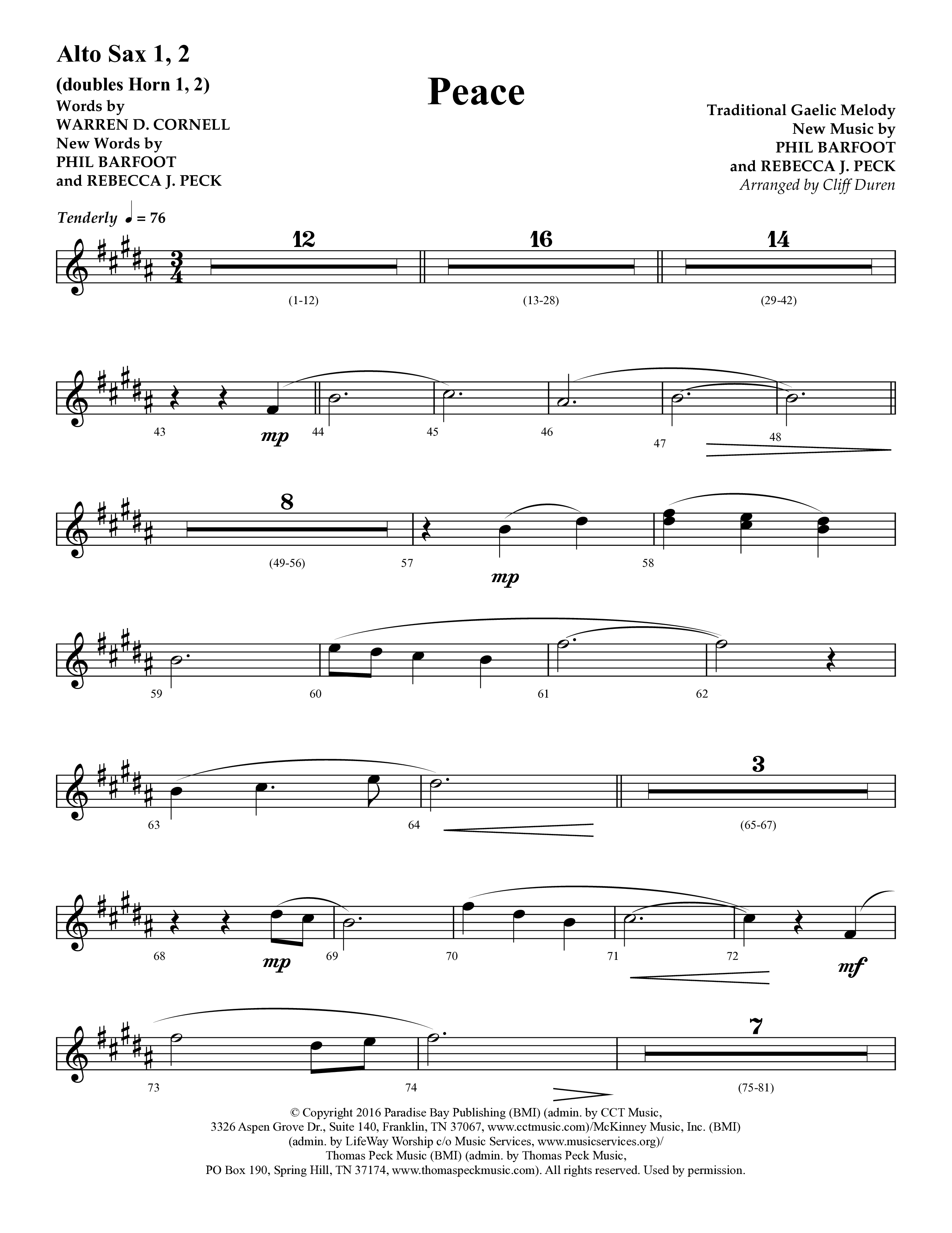 Peace (Choral Anthem SATB) Alto Sax 1/2 (Lifeway Choral / Arr. Cliff Duren)