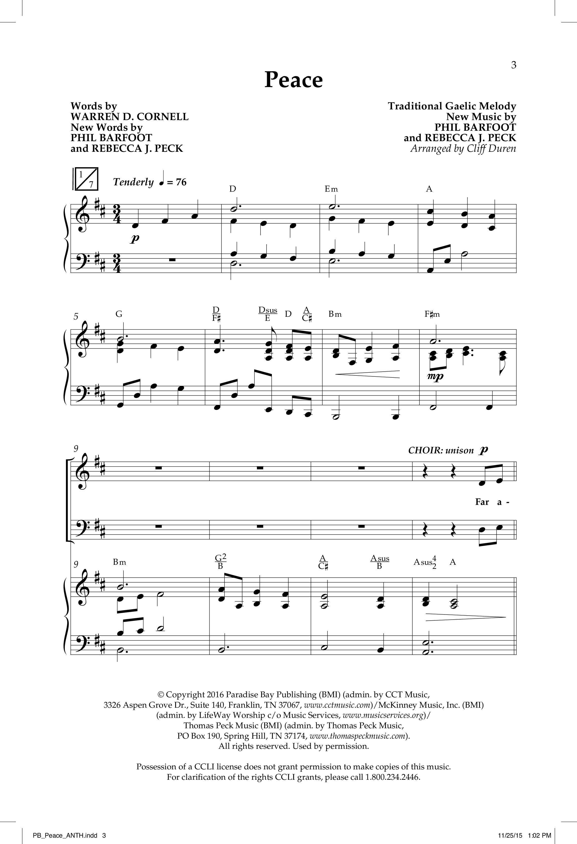Peace (Choral Anthem SATB) Anthem (SATB/Piano) (Lifeway Choral / Arr. Cliff Duren)