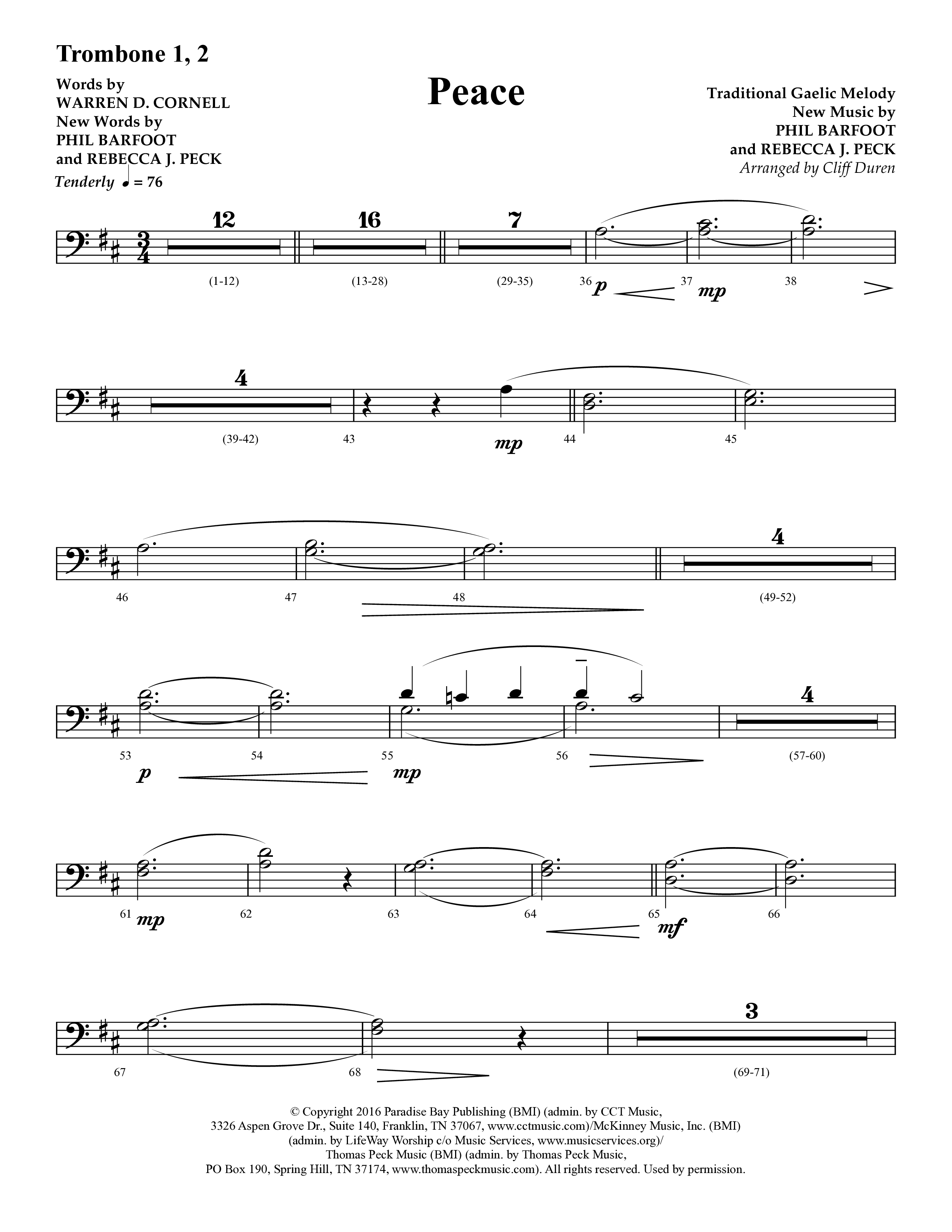Peace (Choral Anthem SATB) Trombone 1/2 (Lifeway Choral / Arr. Cliff Duren)