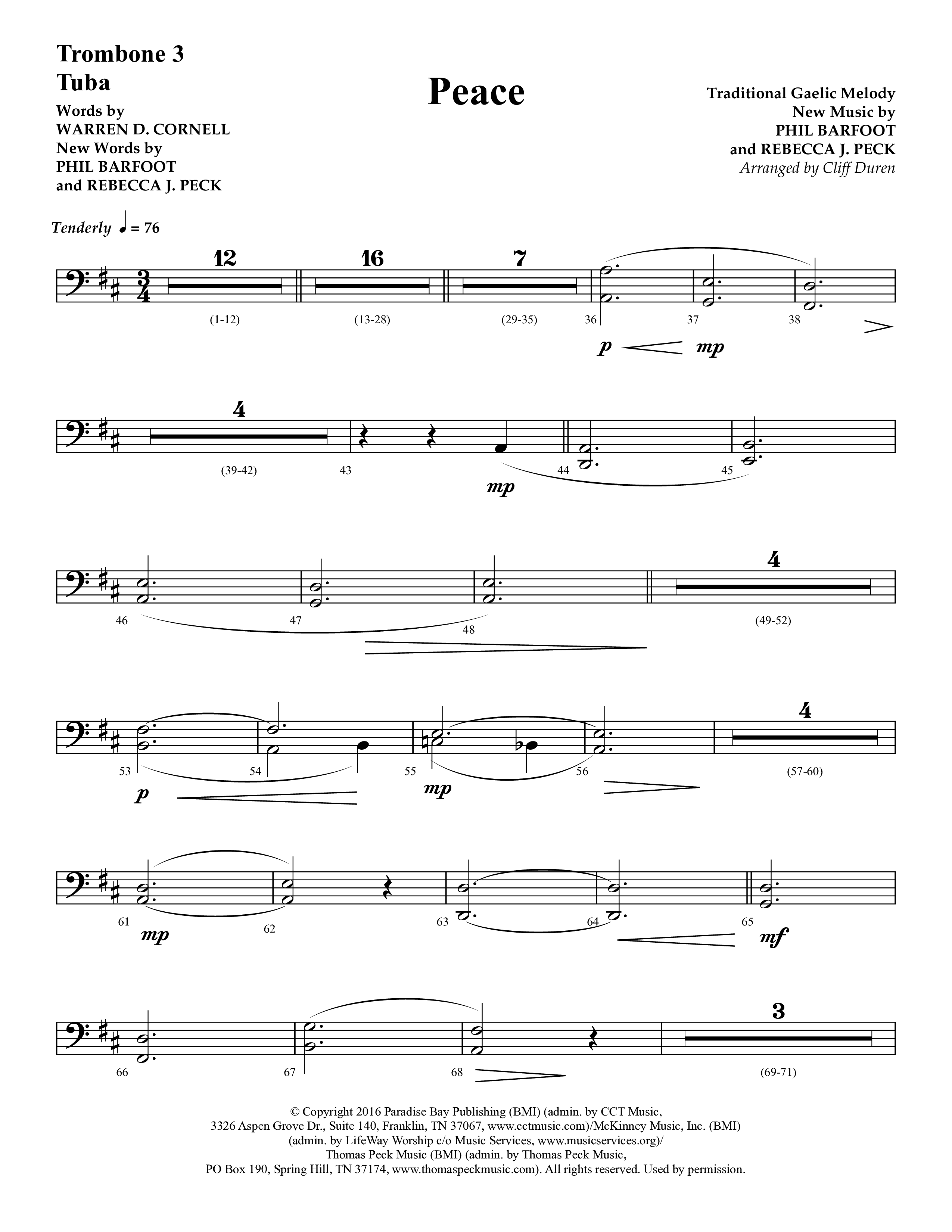 Peace (Choral Anthem SATB) Trombone 3/Tuba (Lifeway Choral / Arr. Cliff Duren)